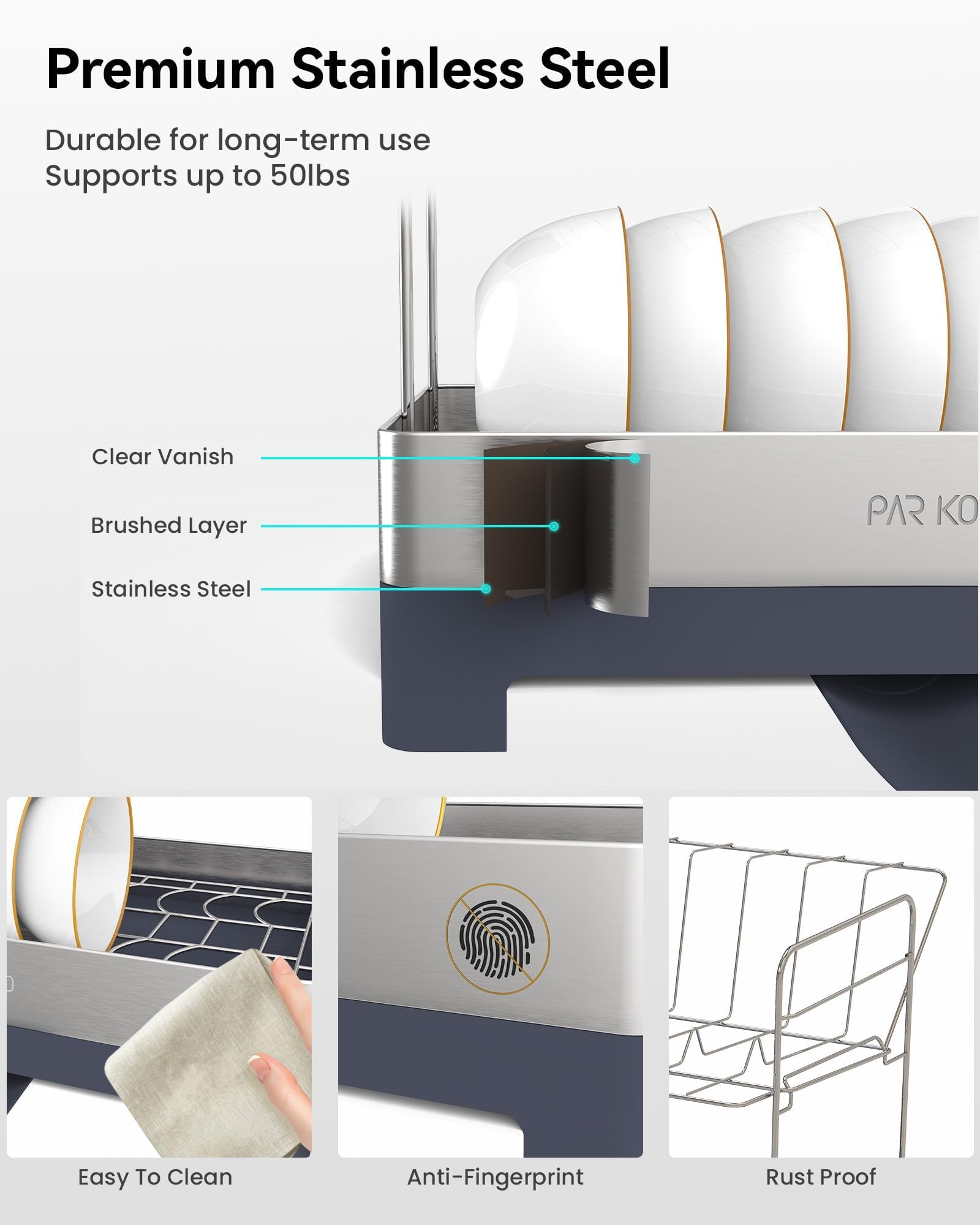 ParKoo Escurridor de platos, extragrande de 2 niveles para encimera de cocina, escurridor de platos de acero inoxidable con boquilla giratoria, estante grande multifuncional con soporte para