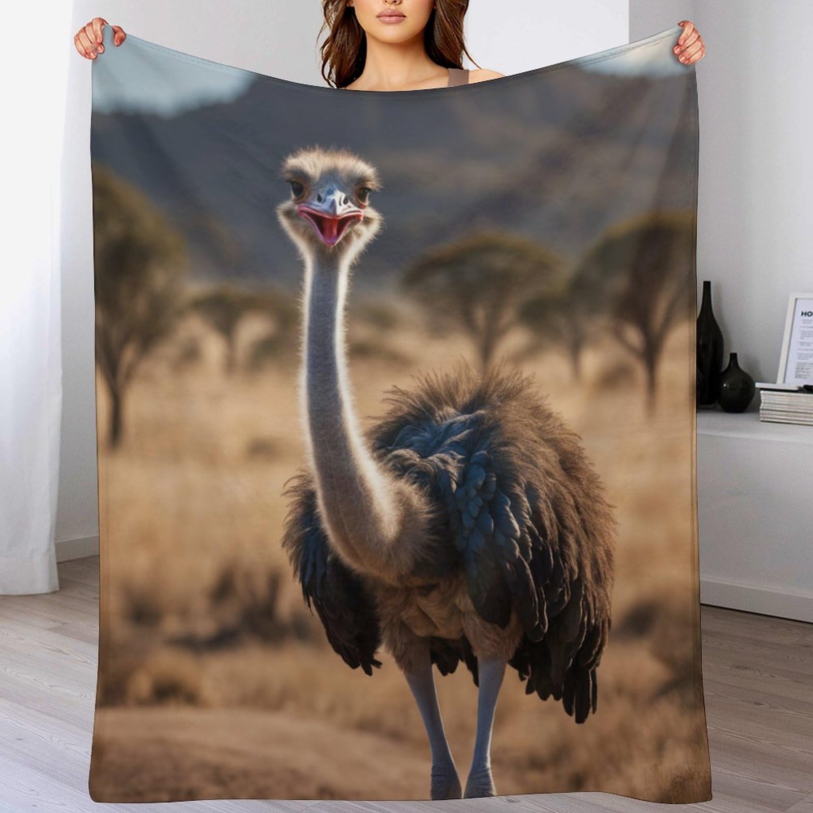 Couverture motif autruche 3D flannel légère pour vos soirées cocooning canapé