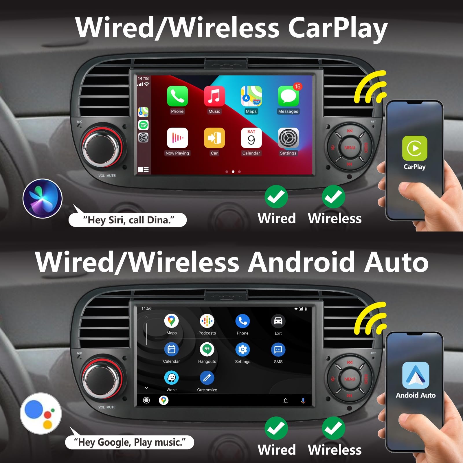 Doppel-DIN-Autoradio kompatibel mit drahtlosem Carplay Android Auto für FIAT 500 2007-2015-Zoll IPS Bluetooth/FM/AM Radio/USB/EQ (Schwarz)