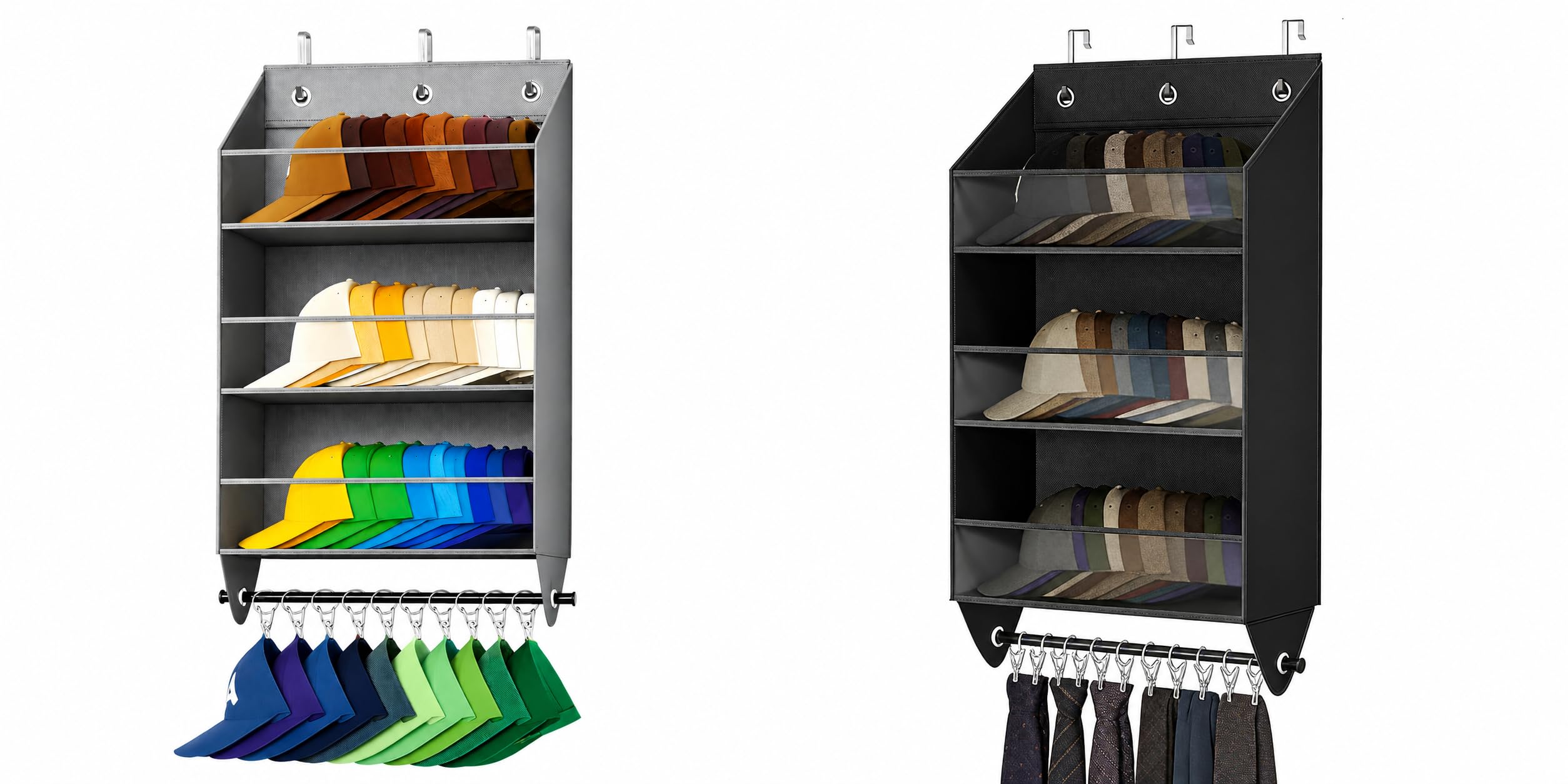 Organizador de sombreros sobre la puerta con 10 clips, bolsa de almacenamiento de gorras de béisbol no tejida de 3 niveles, soporte para sombreros múltiples para colgar en el armario, dormitorio