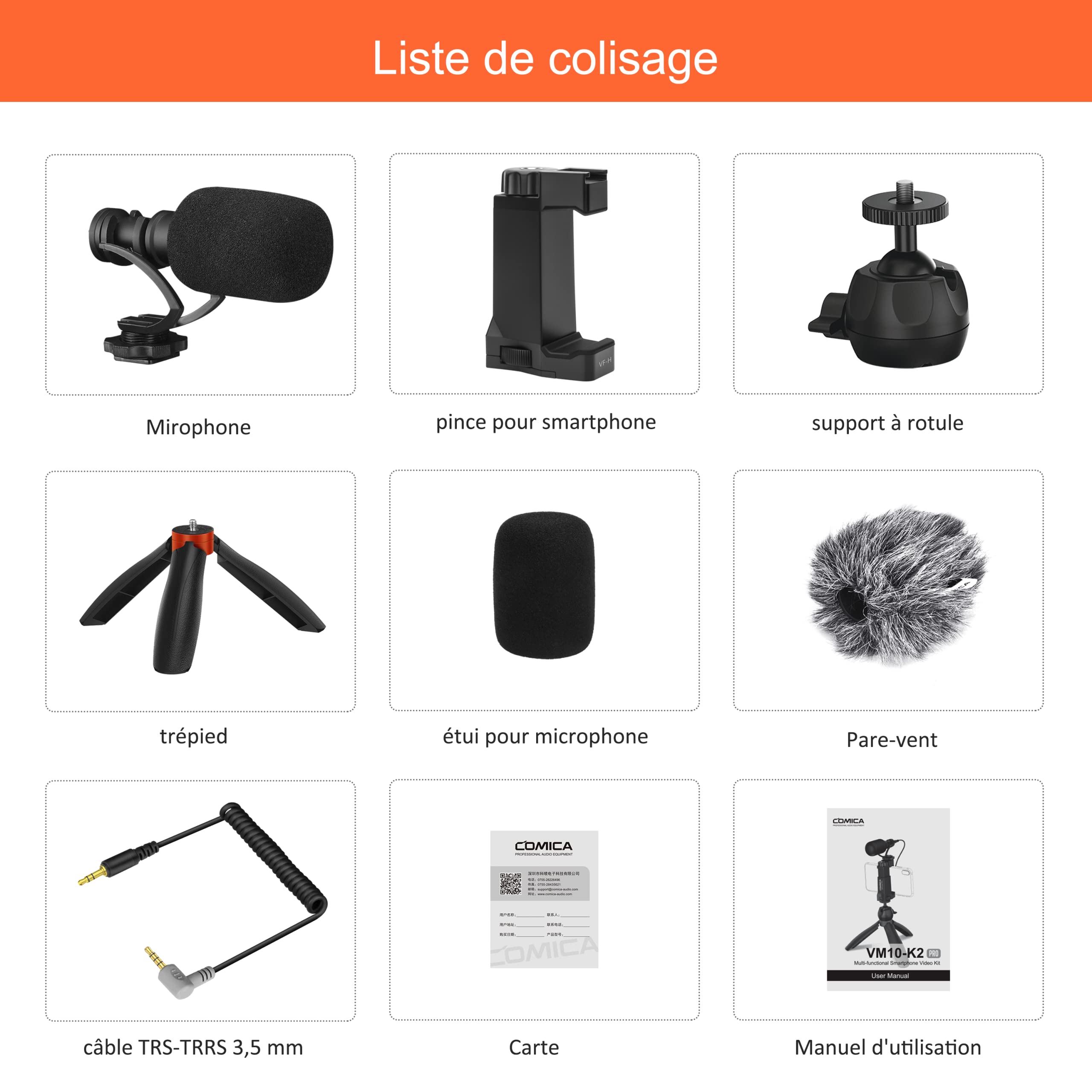 COMICA CVM-VM10-K2 Pro Kit Vidéo pour Smartphone, Vlogging Kit avec Microphone Cardioïde, Équipement avec Mini Trépied pour Youtube/TikTok/Android