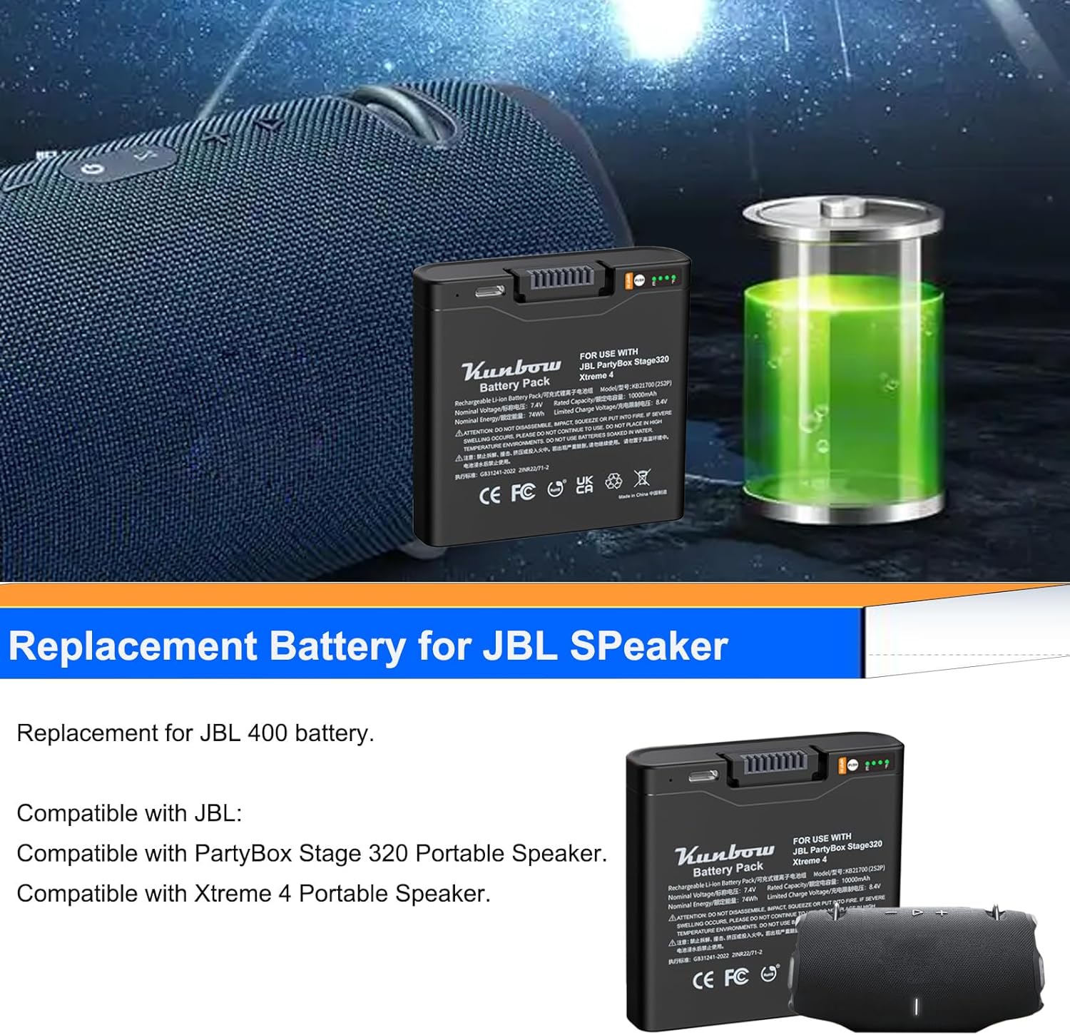 10000mAh Replacement Battery for JBL Xtreme 4, Battery for JBL PartyBox Stage 320 Portable Speaker. Replace for JBL Battery 400. - Image 3