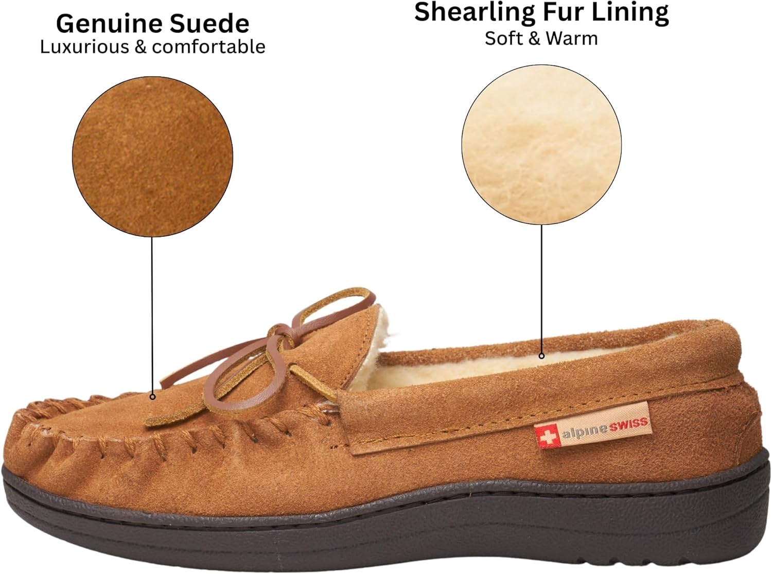 Alpine Swiss Sabine Womens Moccasin Slippers Genuine Suede House Shoe Memory Foam Insole Plush Faux Shearling Fur Indoor Outdoor Anti-Slip Rubber Sole - Image 3