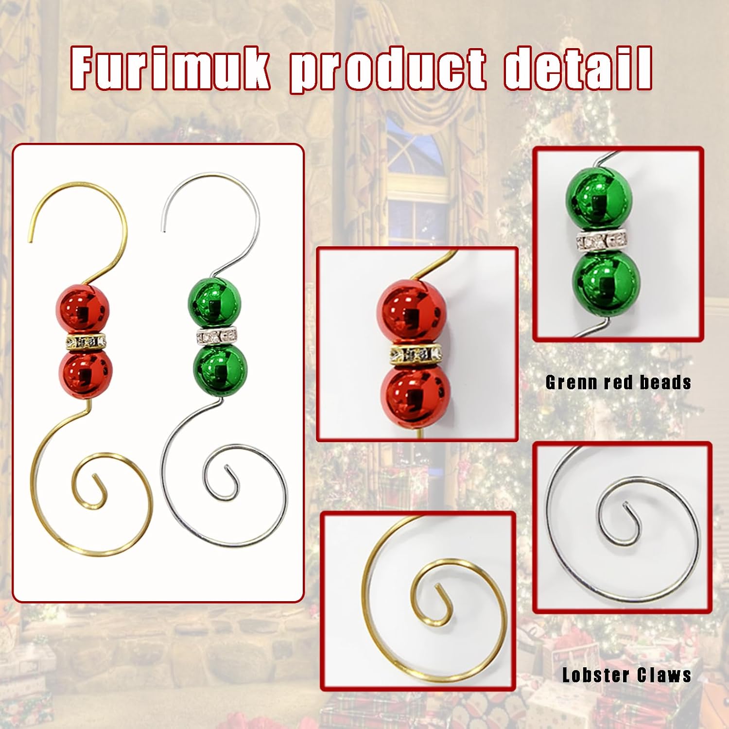 Furimuk 20 Pcs Acrylic Jewels Christmas Ornament Hooks - Red & Green, Silver & Gold Wire Hangers with Lobster Claws for Stockings & Balls