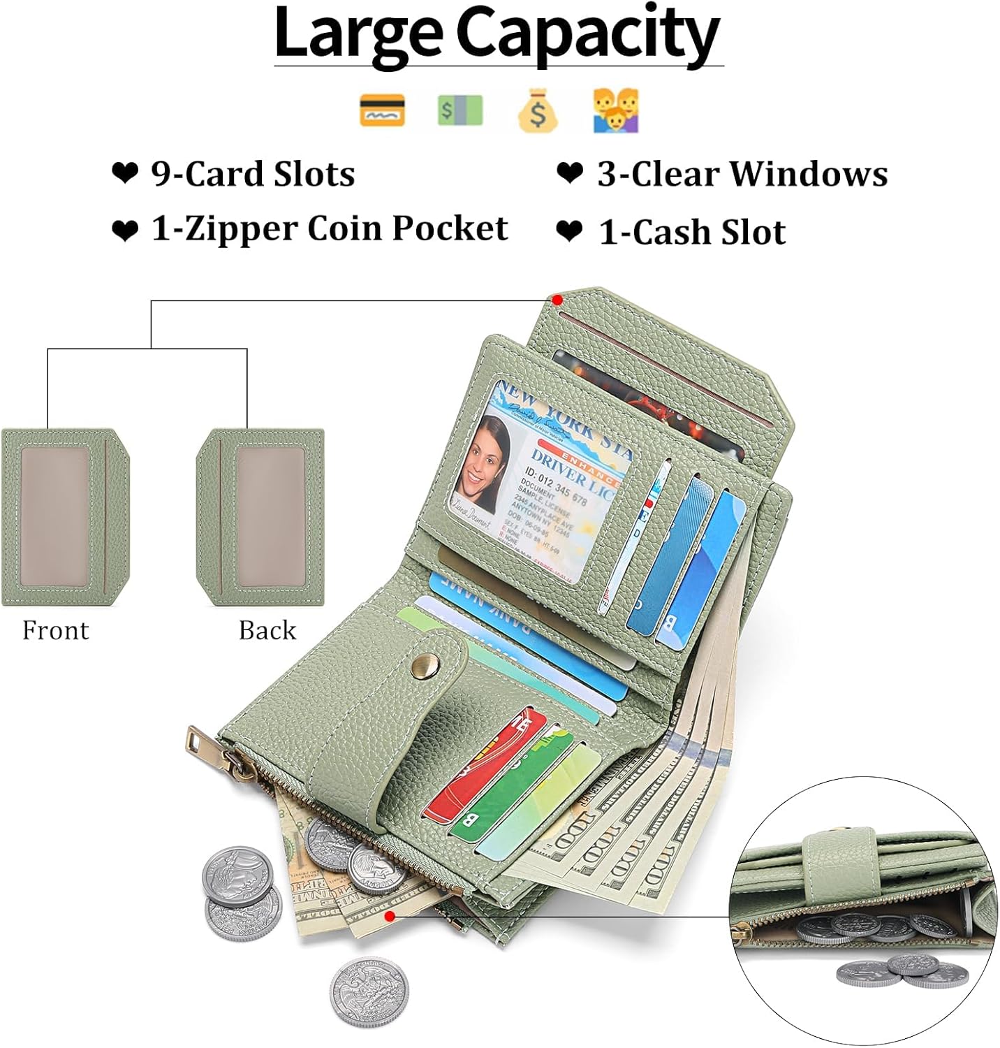 GAEKEAO Small Wallets Woman RFID Blocking Leather Bifold Card Holder Wallets with Zipper Pocket Removable ID Window - Image 2