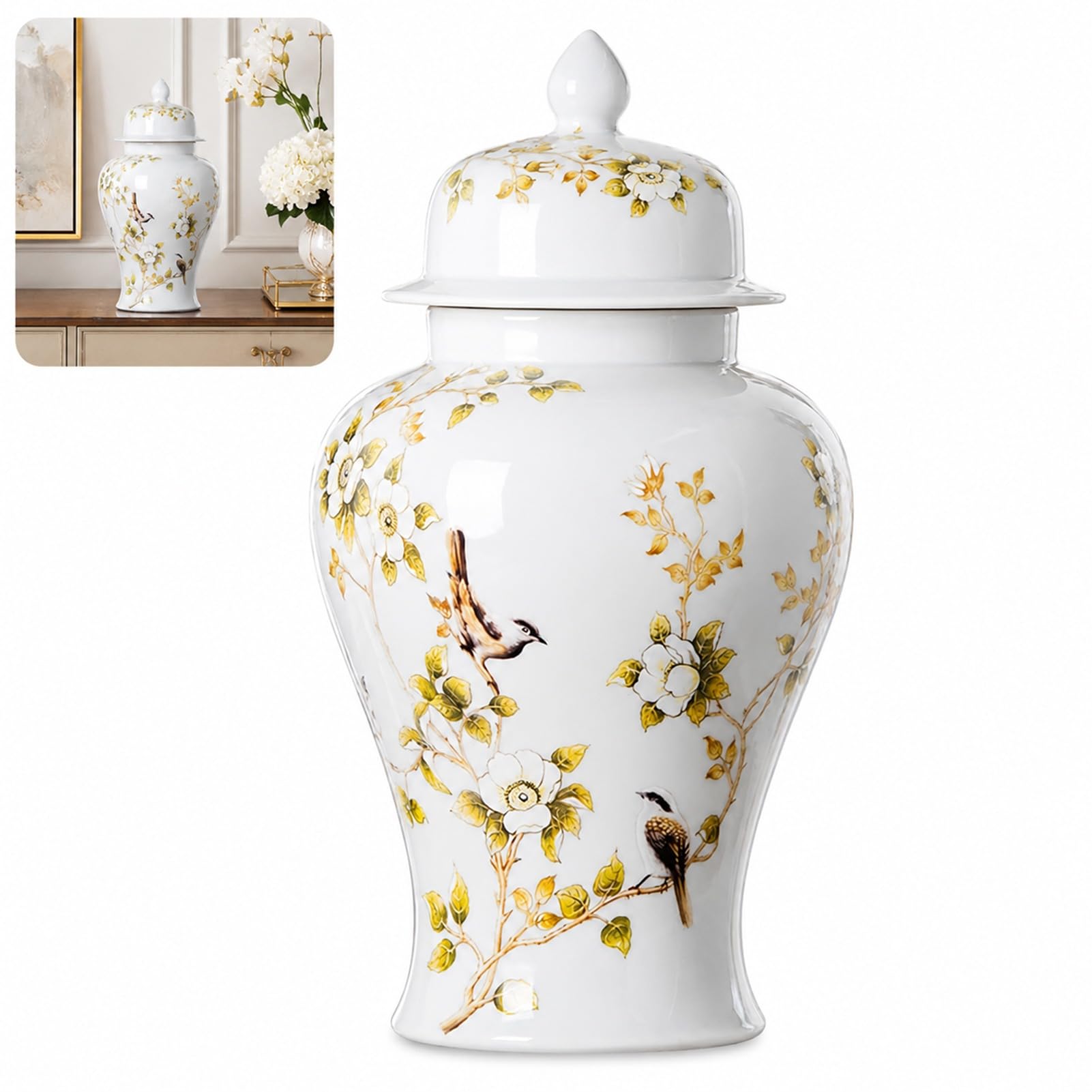 White Ceramic Ginger Jar With Lid For Home Decor Temple Storage Jars (white,22 * 39cm)