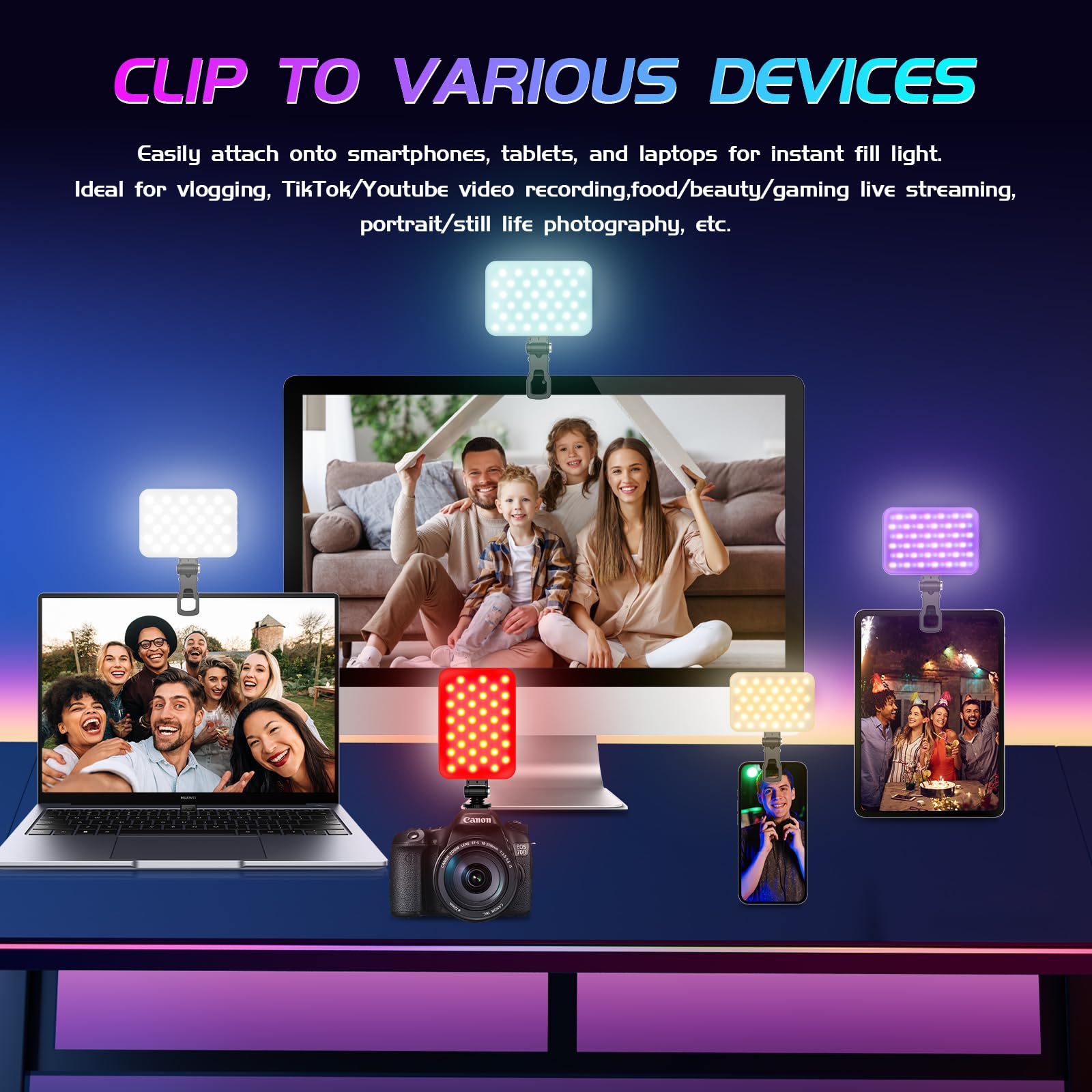 Luce per selfie – BANSINE USB ricaricabile RGB LED Phone Light – Luce fotografica portatile con 97+ CRI, temperatura colore 2500K-6500K per video, trucco, live streaming e fotografia