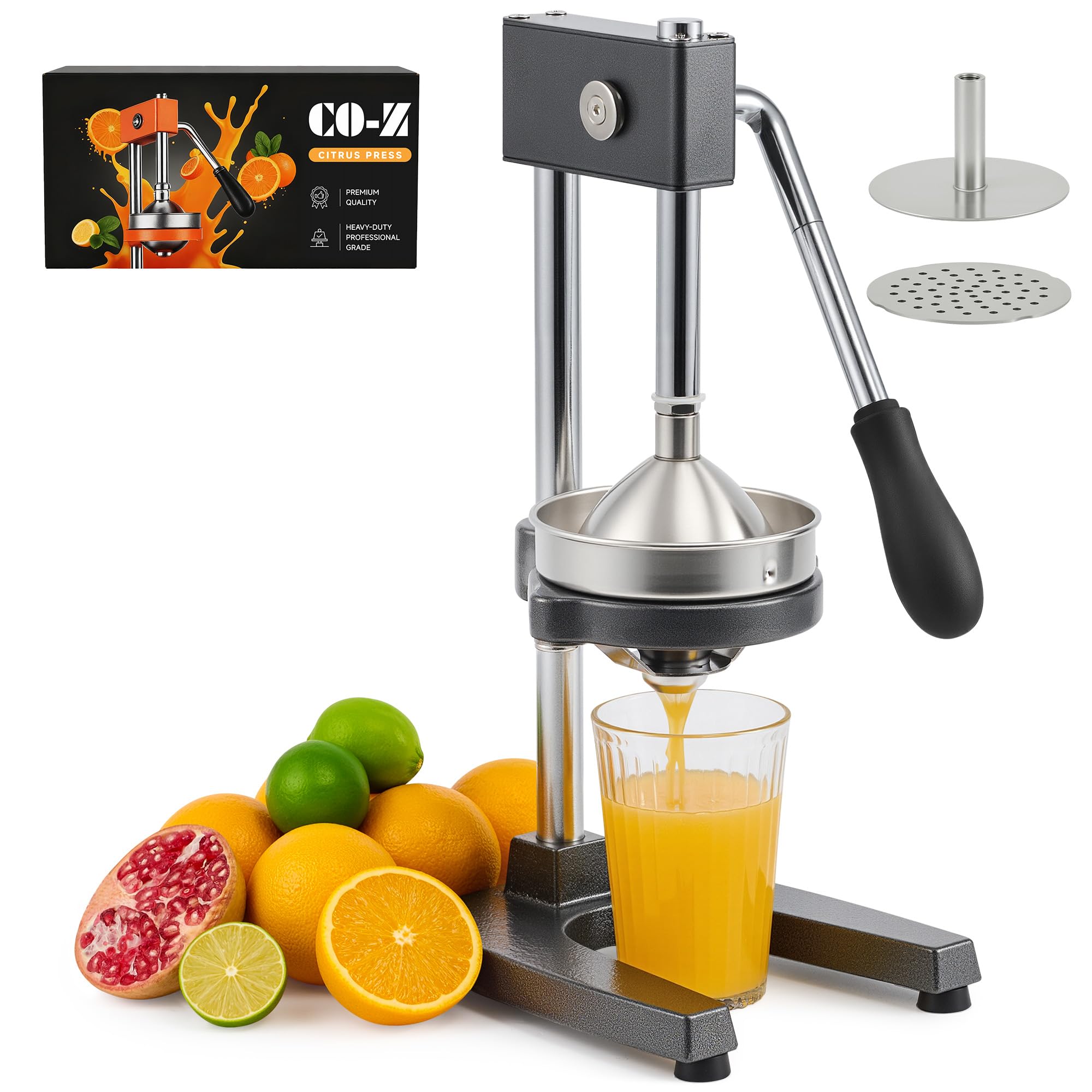 CO-Z Presse Agrumes Manuel Professionnel Silencieux en Acier Inoxydable de Qualité Alimentaire Broyeur Jus Presse Orange Lime Citron Pommes Fruit, Gris