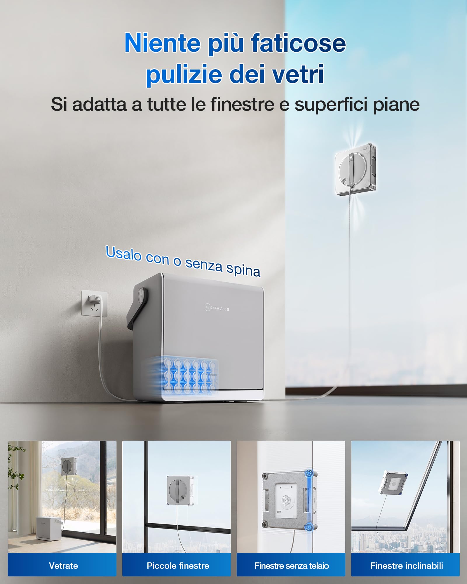 ECOVACS WINBOT W2S OMNI Robot Lavavetri con Stazione Multifunzione, Pulizia Intelligente da Bordo a Bordo con TruEdge™, Ricarica Durante l'uso, Nebulizzazione a 3 Ugelli, Protezione a 12 Livelli