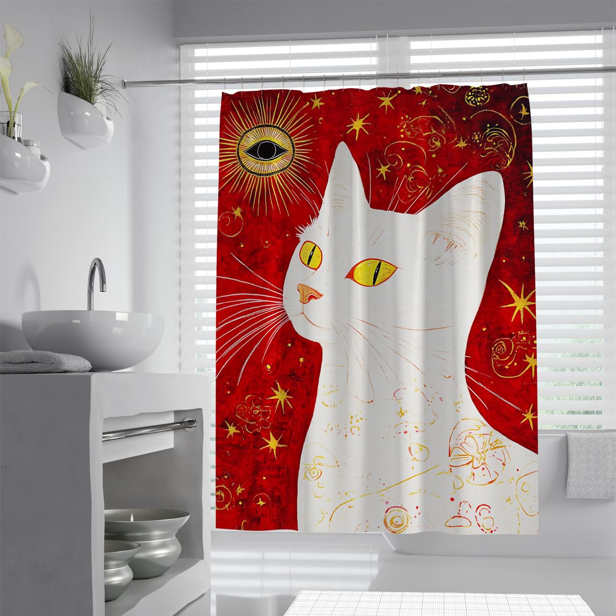 UIRINGART Cat Bathroom Curtains W90xL180cm Retro Red White Mystic Sun Gold Stars Waterproof Mould Resistant Washable Fabric Shower Curtain Bath Decor with Hooks