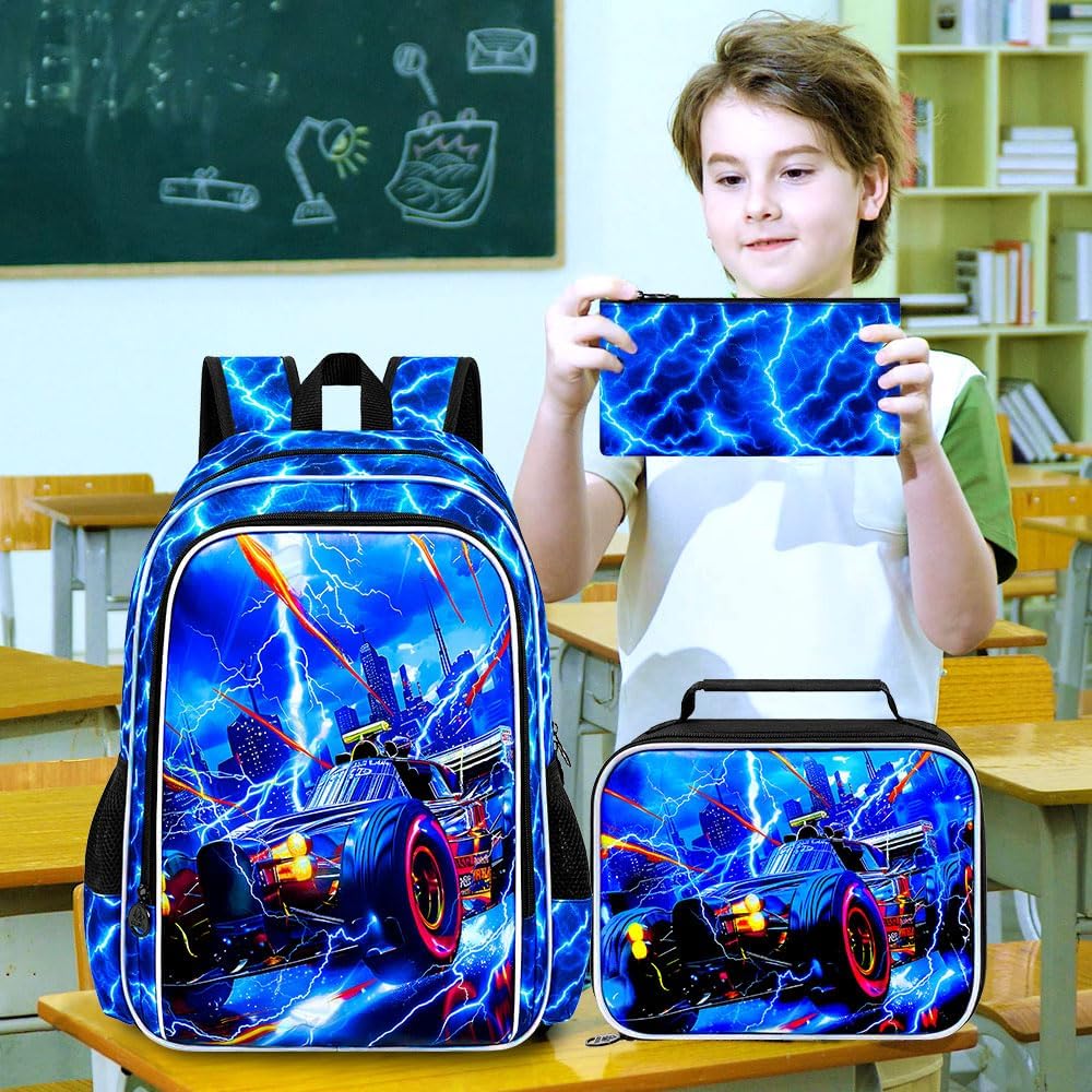 KLFVB 3PCS Lightning Backpack for Boys, 17" Race Car Bookbag and Lunch Box, Water Resistant Teenagers School Backpacks for Middle Elementary - Lightning Speed Car