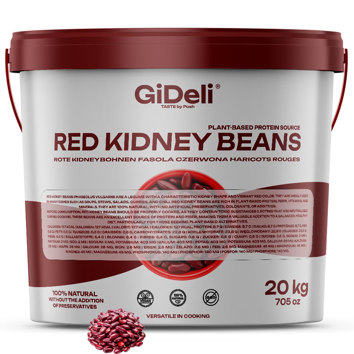 GiDeli Kidneybohnen Getrocknet 20 kg im Eimer - Rote Bohnen - Veganes Protein, hoher Ballaststoffgehalt - ohne Salz, ohne Zuckerzusatz - für Chili con Carne, Bowls, Tacos