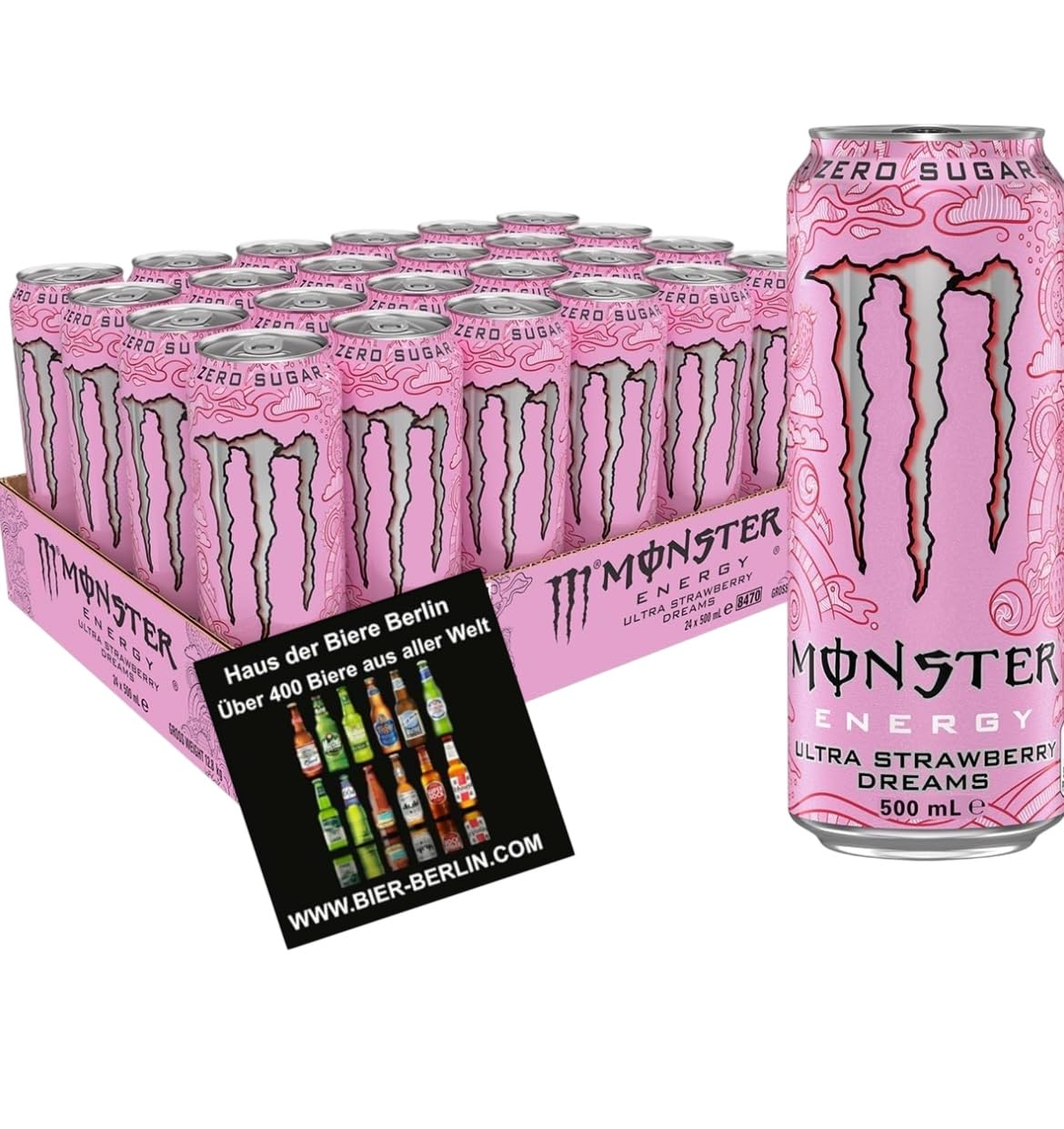 Monster Energy Ultra Strawberry Dreams 24 x 500ml- koffeinhaltiger Energy Drink mit erfrischendem Erdbeer Geschmack - ohne Zucker - inkl. Haus der Biere Berlin Bierdeckel