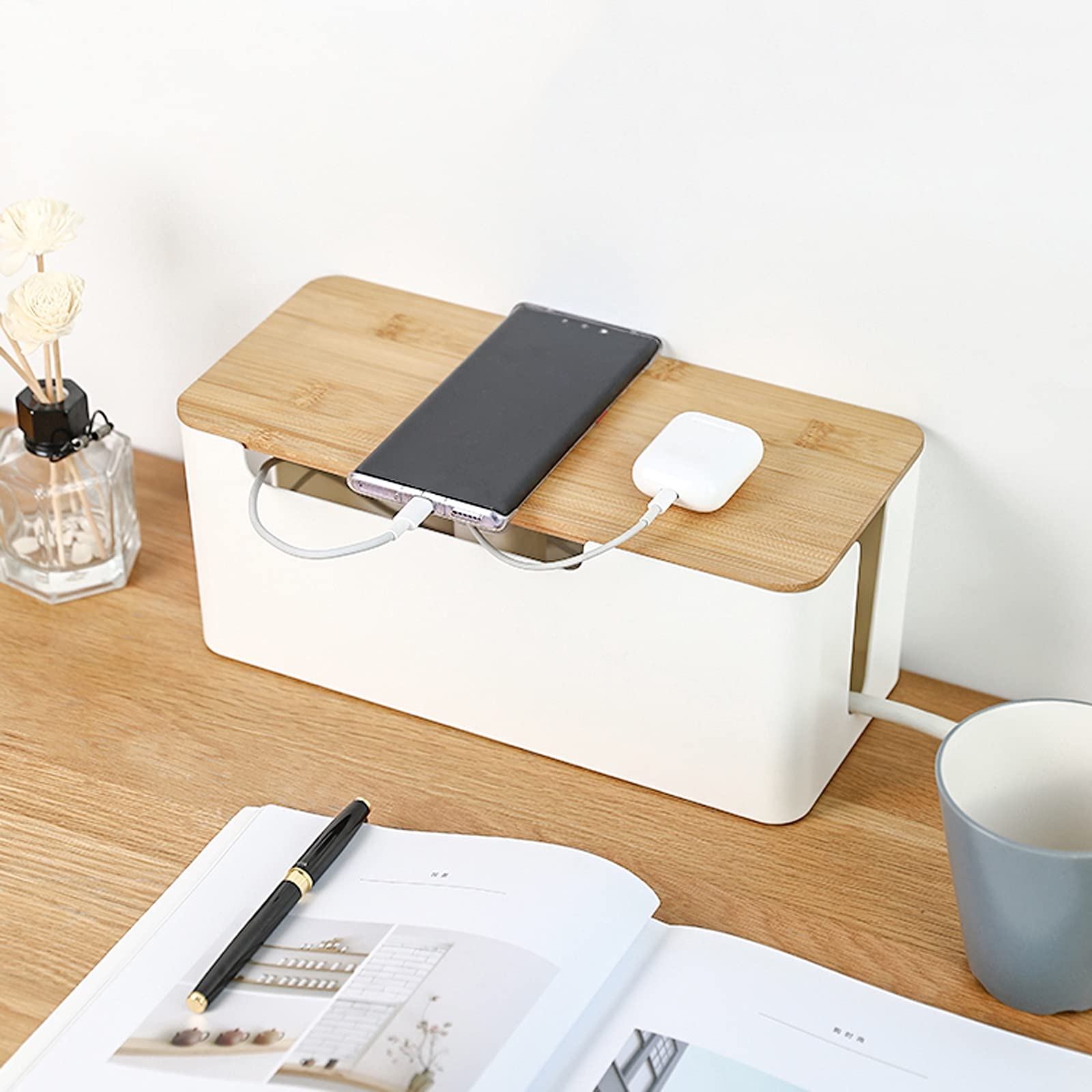 Kabelmanagement-Box Große Kapazität, weiße Kabel-Organizer-Box mit Bambus-Abdeckung Kabelmanagement-Aufbewahrungsbox für Zuhause, Kabel-Organizer zum Verstecken und Organisieren Ihrer elektrischen K