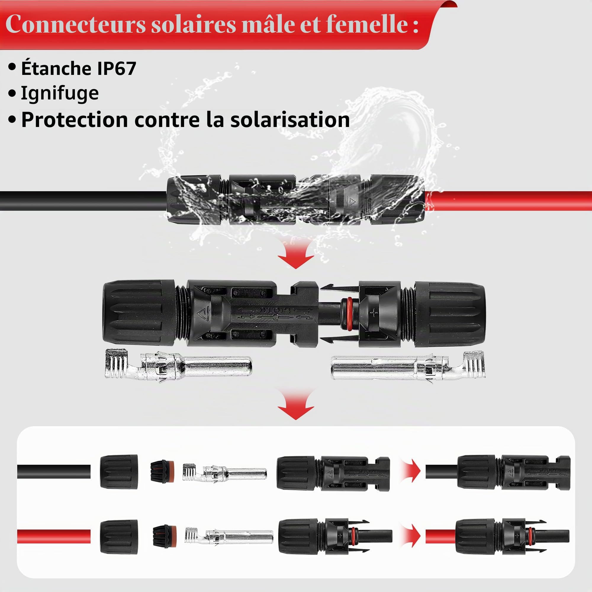 Pince à Sertir, Outils de Sertissage Solaires Pour 2,5/4/6 mm² Solaire Cable avec 10 Paires de Connecteurs Solaires, Pince a Sertir, 2 Clés, pour l'assemblage des Câbles des Panneaux Solaires