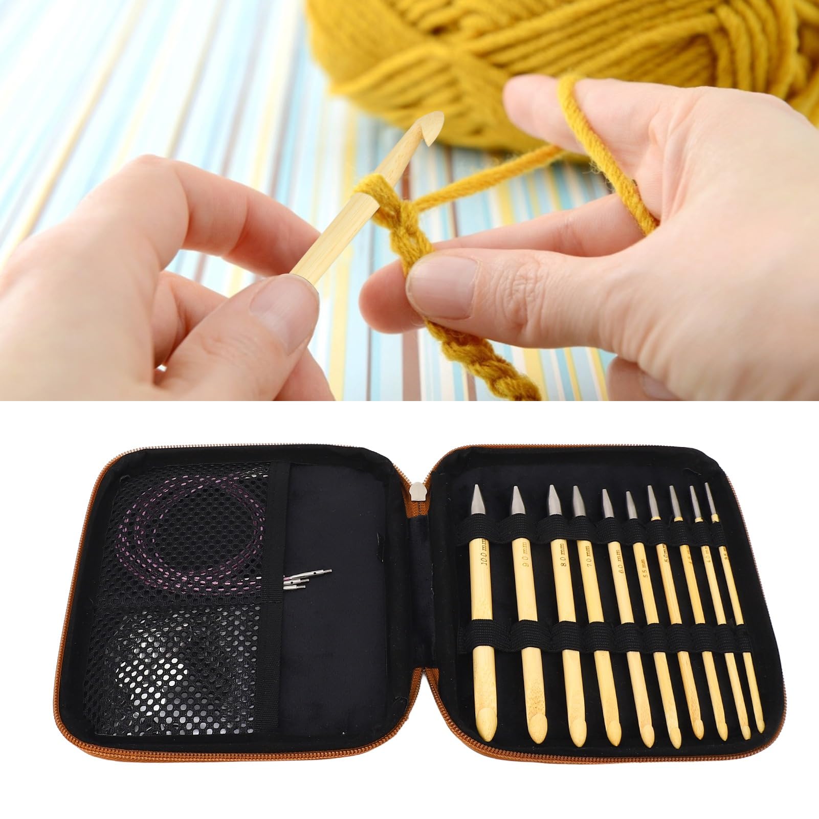 Set di 10 uncinetti con fili a anello rimovibili, ferri da maglia in bambù per gli amanti dell’artigianato, incluso sacchetto di conservazione e adattatori per progetti di