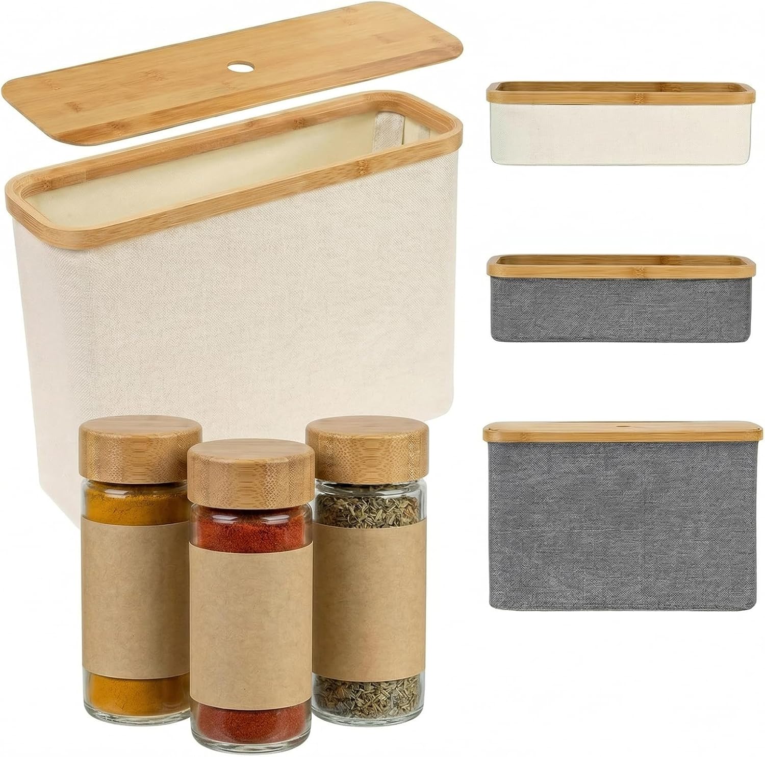 Wooha Bamboo Kitchen Organization Basket with Lid, Slim Stackable Pantry Storage Bin for Kitchen Paper Towels, Snacks, and Spice Jar, Water-Resistant Collapsible Fabric Storage Box (Large, White)