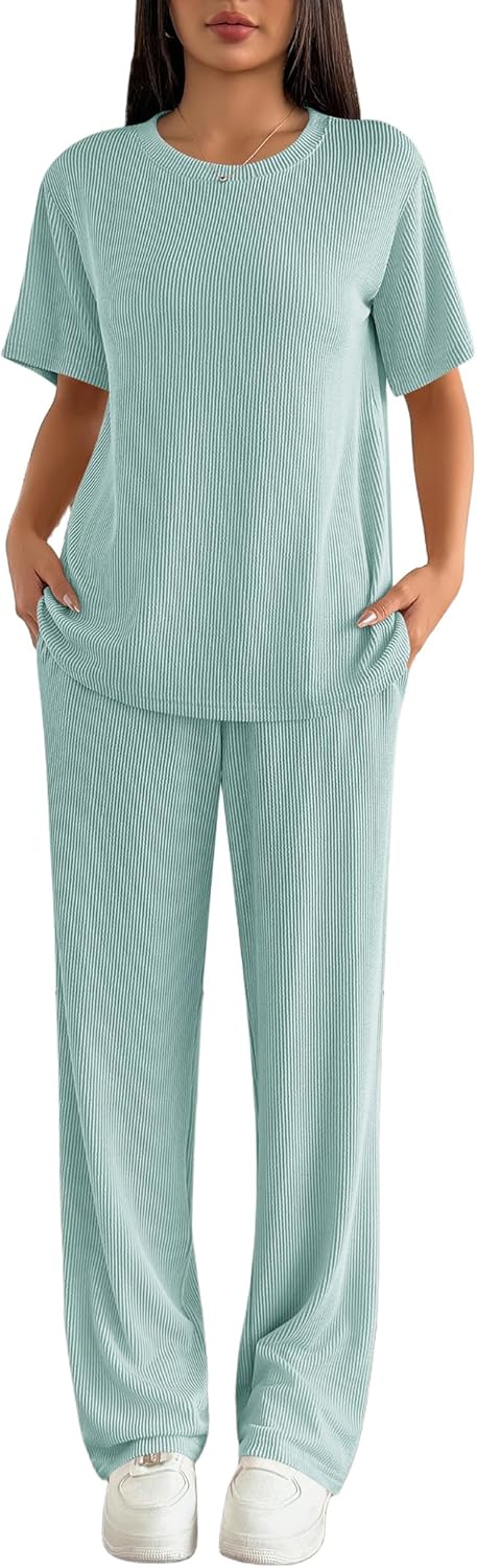 Ekouaer Lounge Sets for Women 2 Piece Matching Travel Outfits 2026 Loose Short Sleeve Top Wide Leg Pants Pockets - Image 3