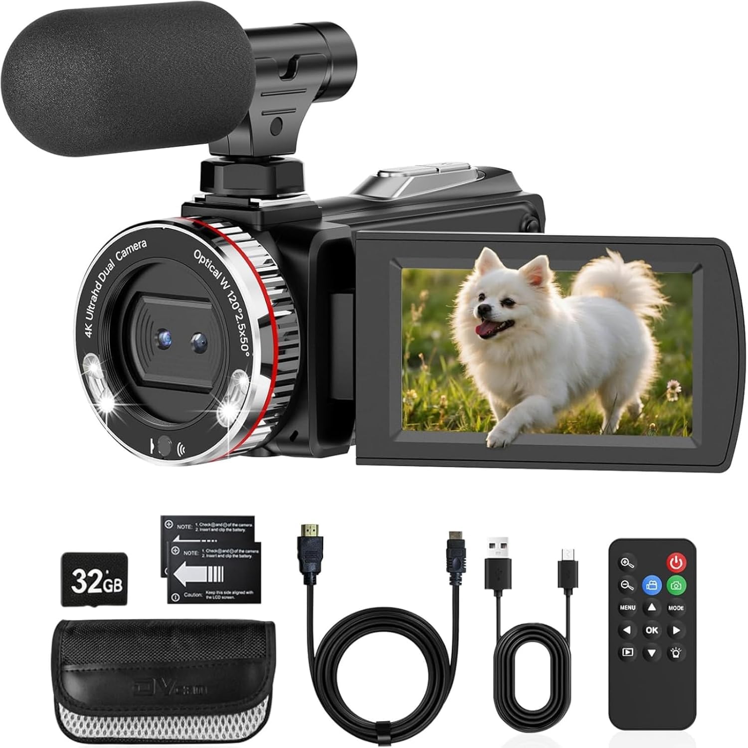 Videocamera 4K, 48 MP Camcorder con Zoom Digitale 21x, Schermo Girevole a 270° da 3" Vlogging Camera, Video Camera con Cavo HDMI, Microfono Esterno, Telecomando, Scheda da 32 GB e 2 Batterie