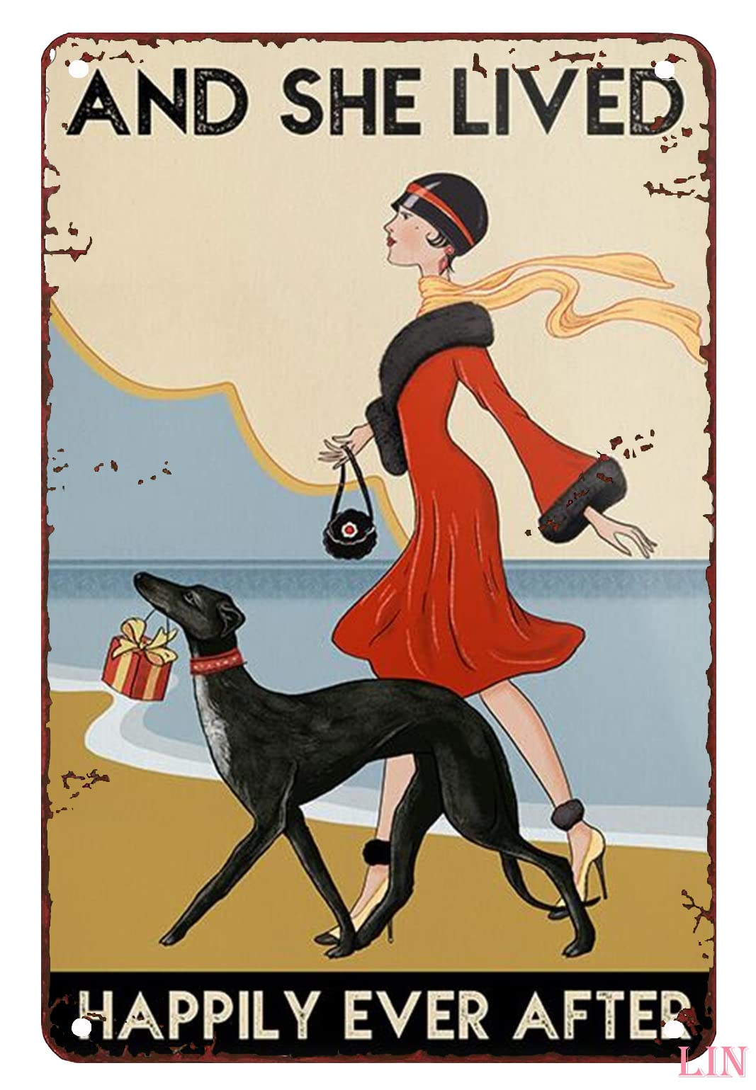 Metal Art Outdoor Gift for Whippet Lovers And She Lived Happily Ever After Coffee Shop Wall Art Dog Bathroom Home Living Decor Poster Tin Sign Art Wall Funny Metal Signs Gift for Room 8x12 inch