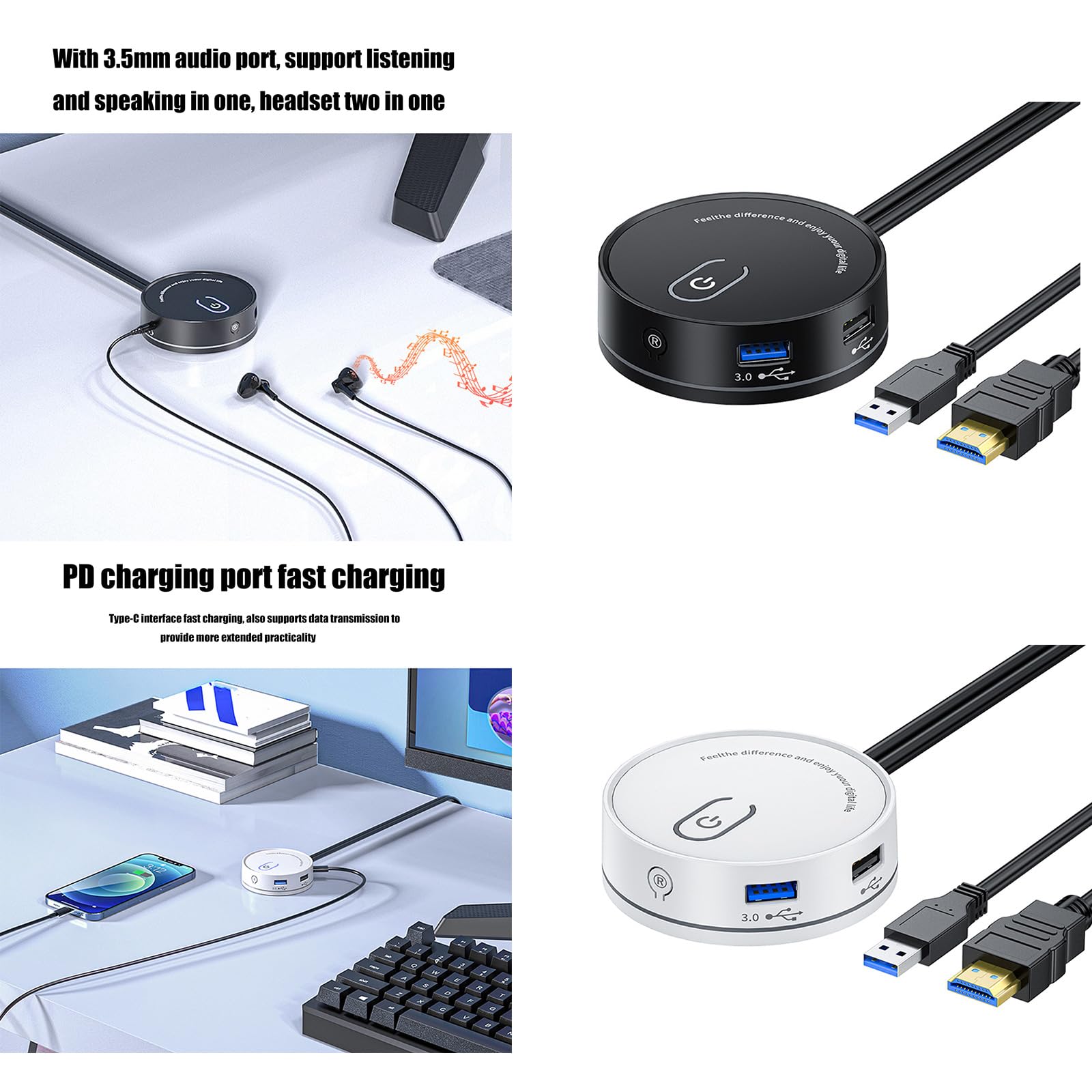 Kabel przedłużający USB 3.0 USB C do komputera stacjonarnego, opcjonalny port audio 3,5, kabel 116 cm