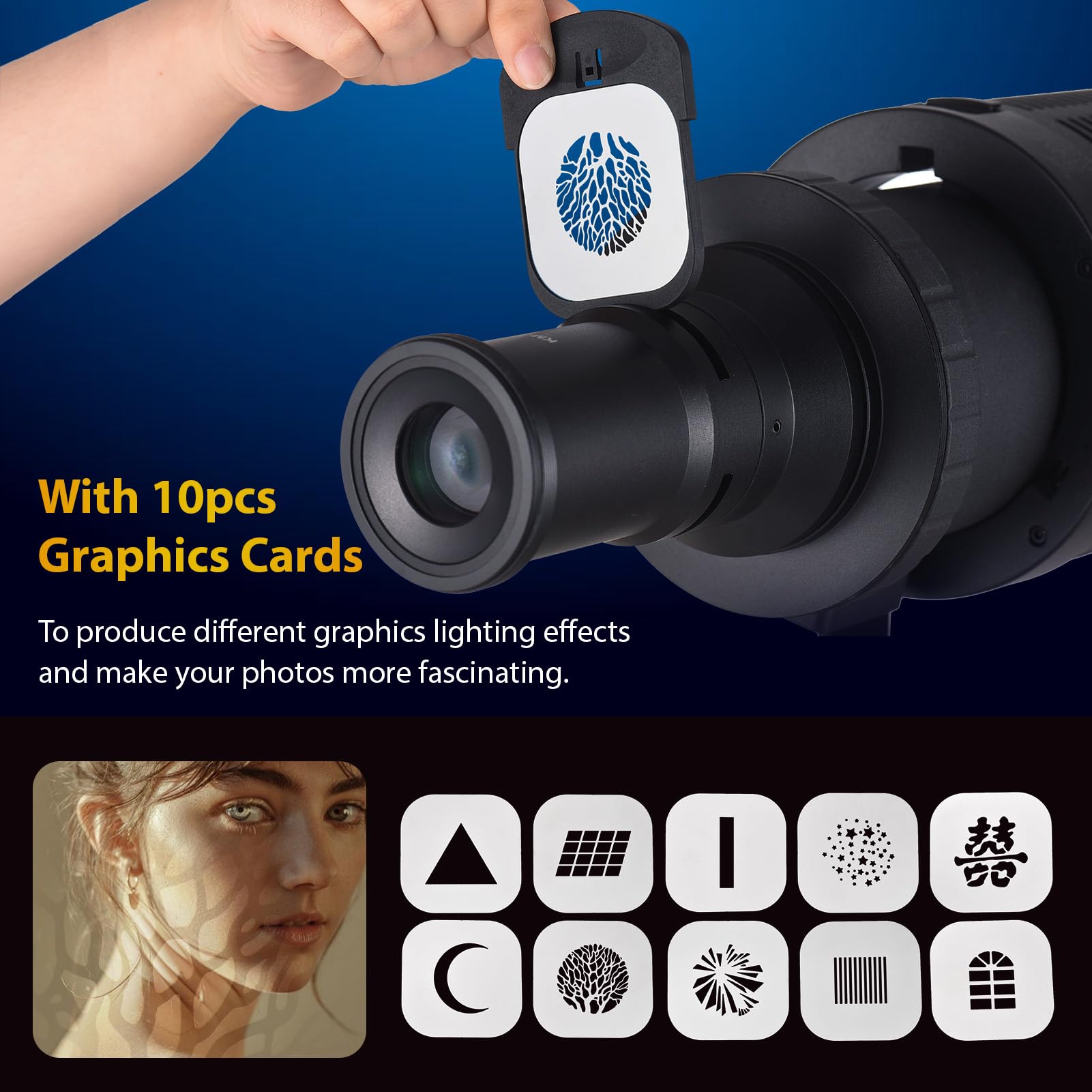 Andoer Snoot cónico óptico con soporte Bowens para fotografía, flash de proyector, snoot de modelado, accesorios de iluminación con 5 filtros de color, 10 tarjetas gráficas
