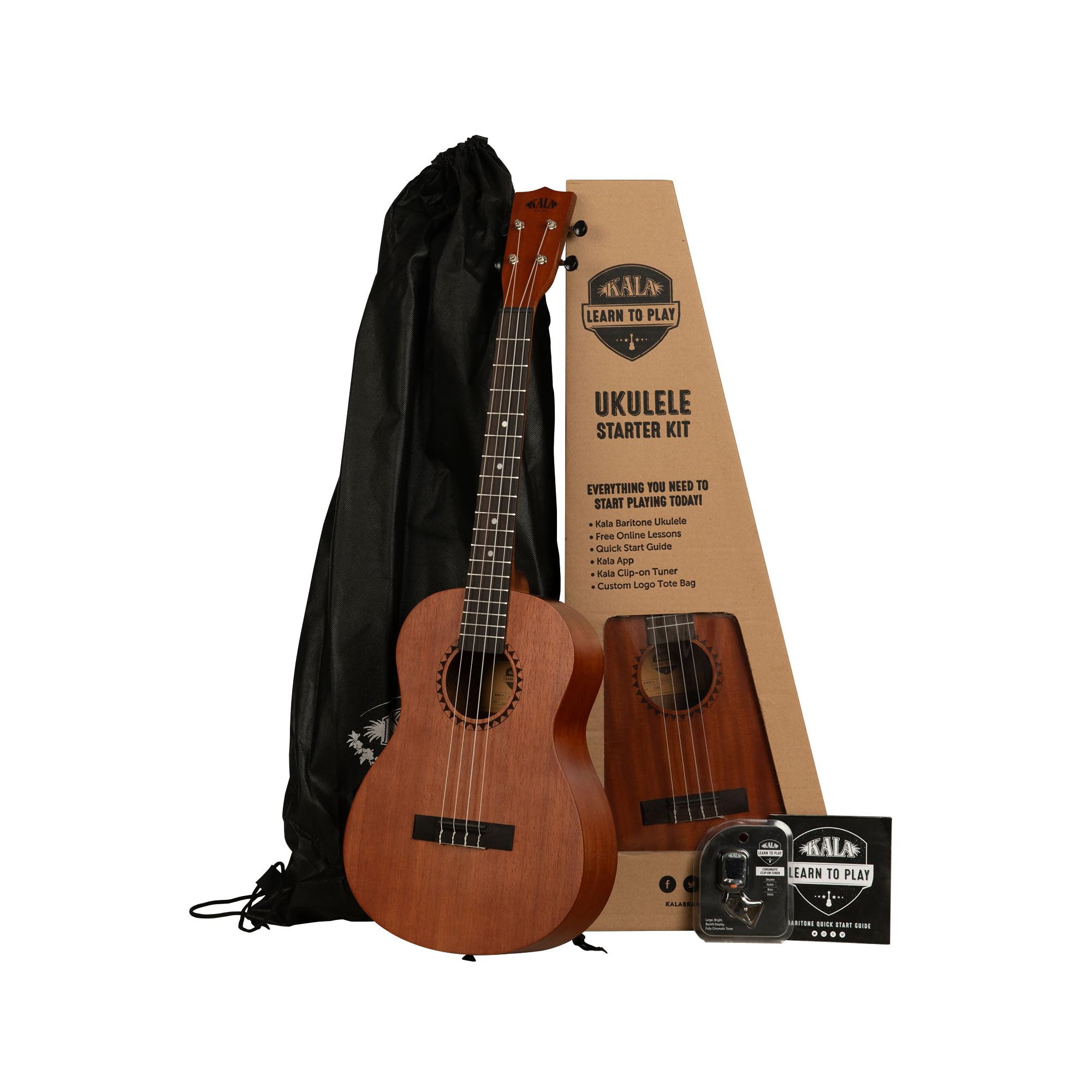 Kala - Kit ufficiale per imparare a suonare ukulele baritono, mogano satinato, include lezioni online, app di sintonizzazione e opuscolo