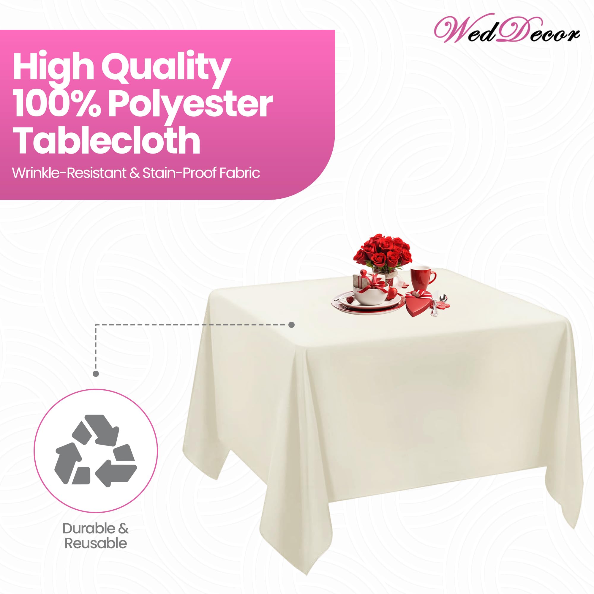 Weddeor weddecor – 90 x 90 cm Cuadrado Blanco Mantel de algodón de poliéster para Boda, Fiesta de cumpleaños Muestra Eventos Banquetes y restaurantes, Tela, 54" X 54"- Ivory, 10