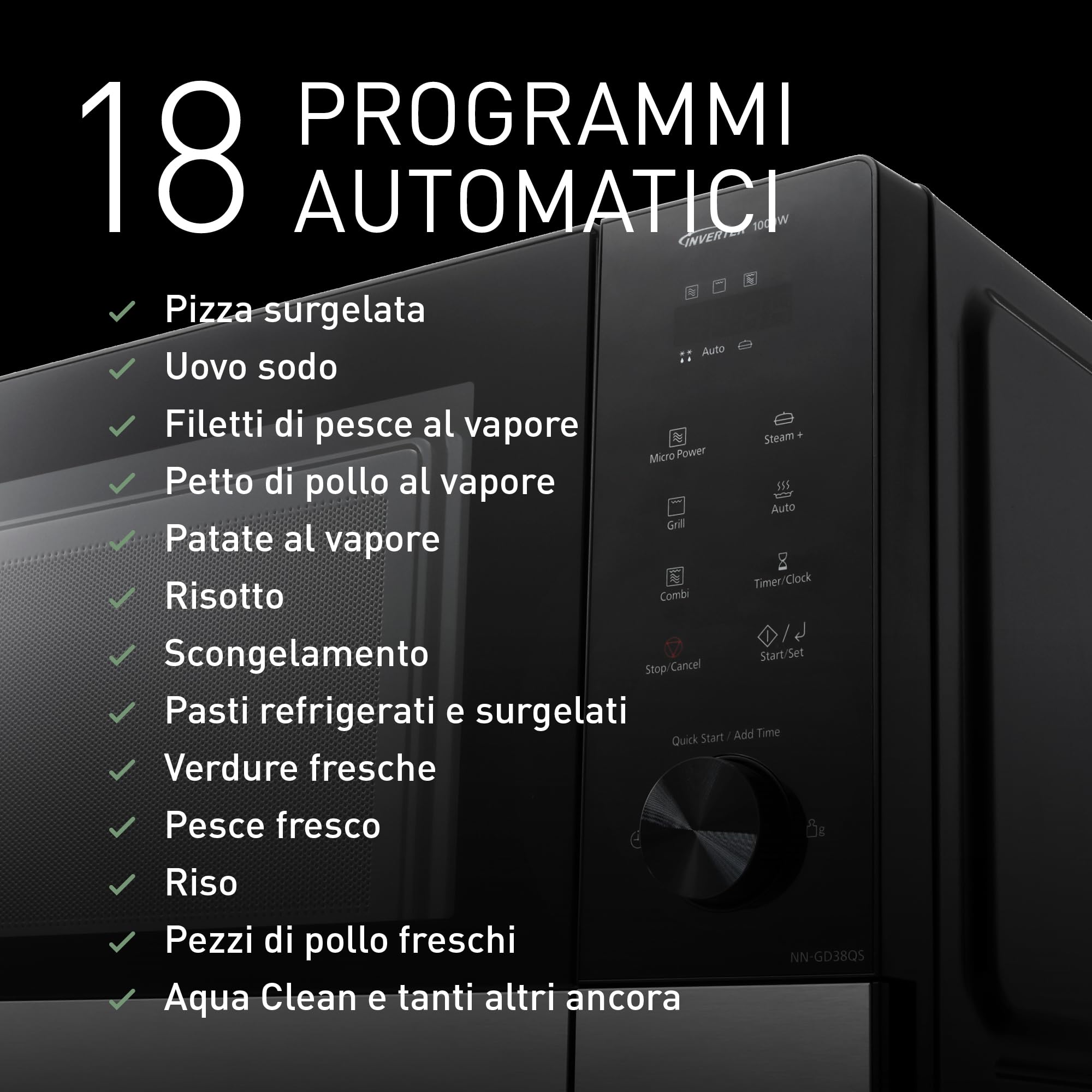 Panasonic NN-GD38QSEPG Forno a Microonde Grill 29L con Teglia Steam+, 1000W, Scongelamento Automatico, Cottura Combinata, Timer, Nero e Acciaio Inox