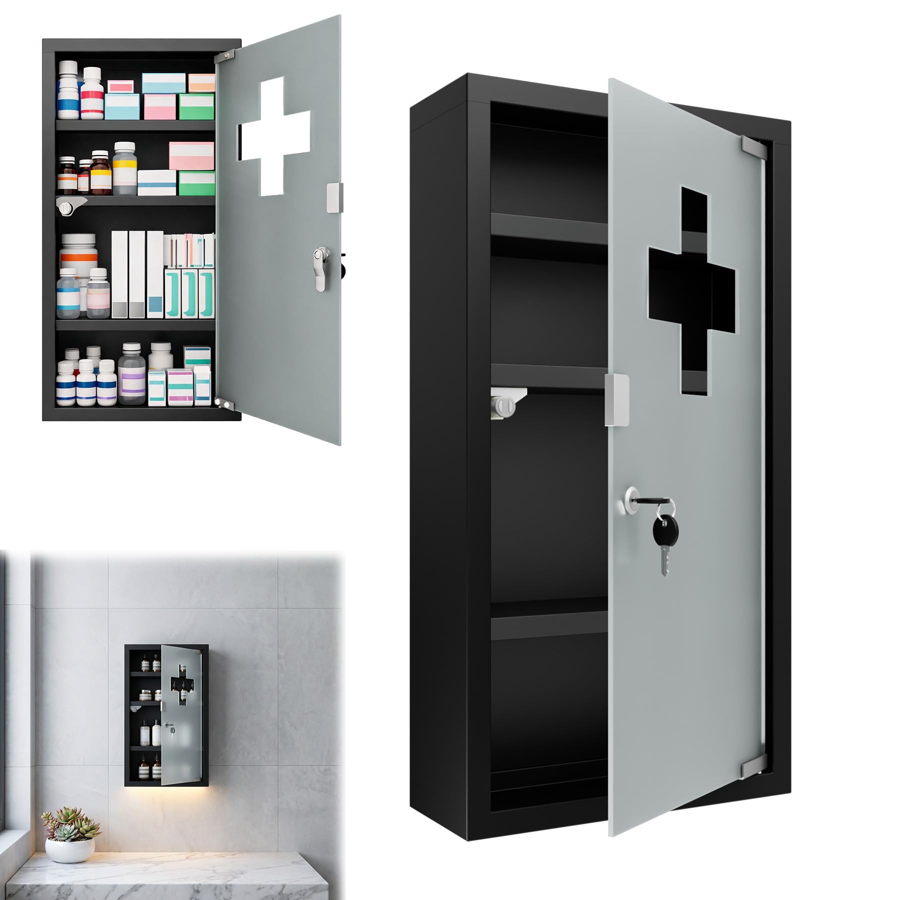 Froadp Armario medicinal de acero inoxidable con cerradura y puerta de cristal y cerradura, 30 x 12 x 57,5 cm, armario para medicamentos, botiquín de primeros auxilios (4 compartimentos), color negro