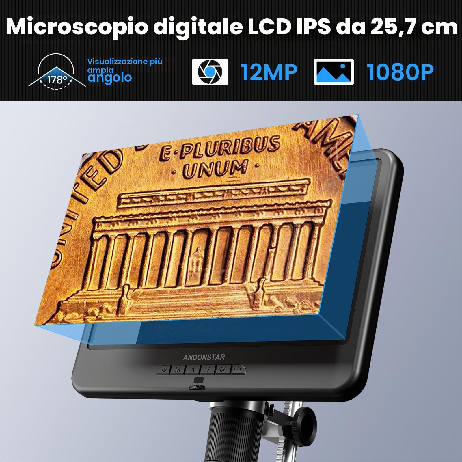 Andonstar AD210 Microscopio digitale LCD da 10,1 pollici per riparazione elettronica, fotocamera per moneta vista completa