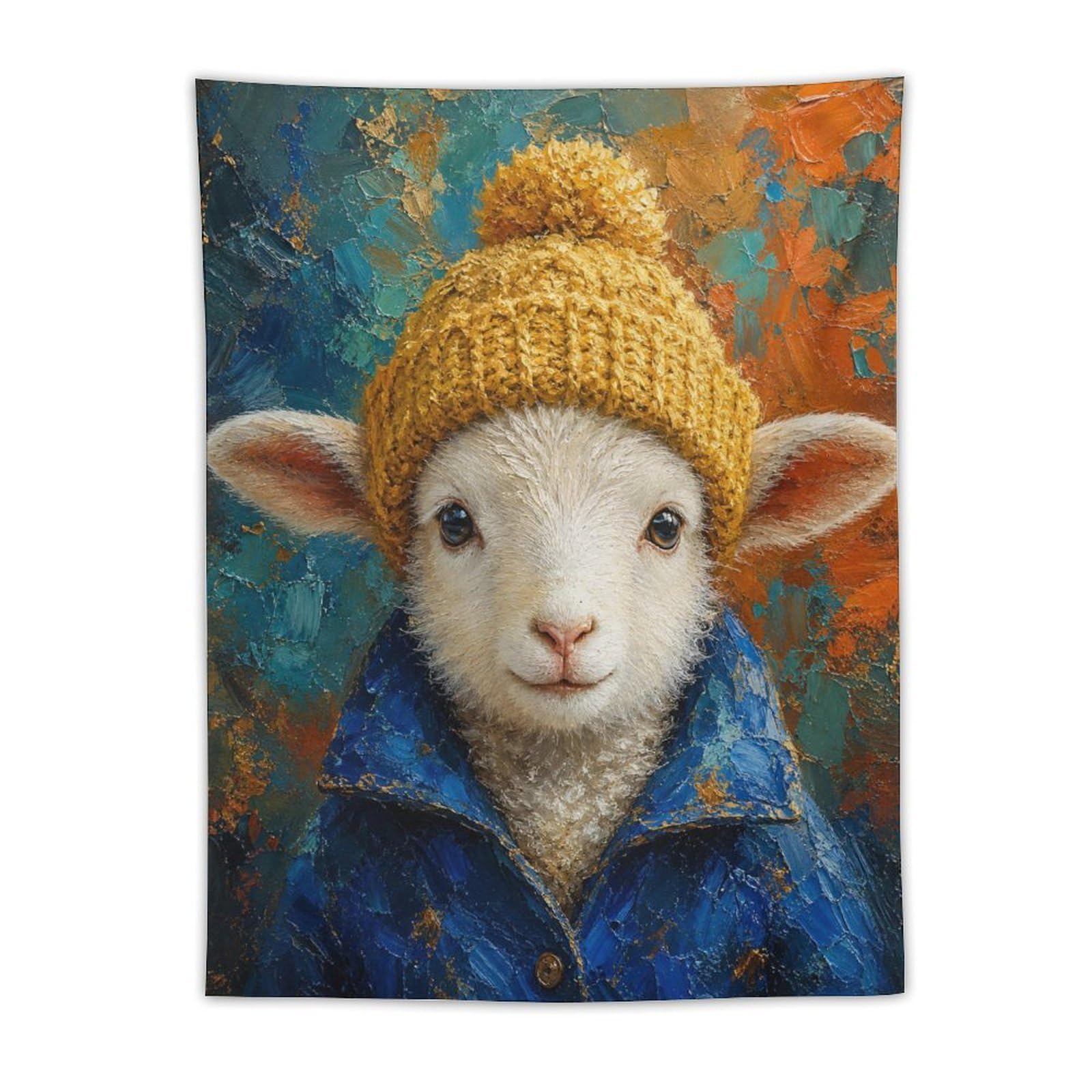 W7C8U2X3 Lamb Winter Hat Blue Coat Wall Tapestry, Soft Snow Mood