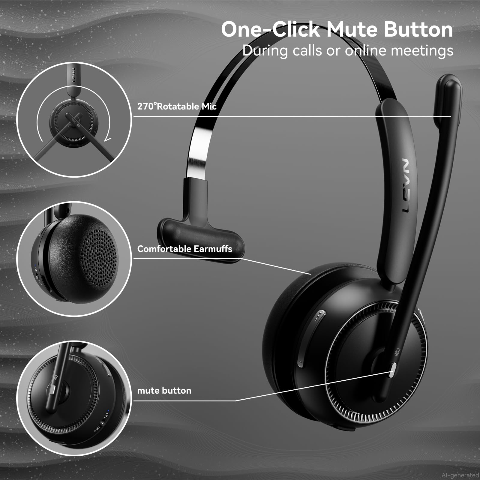 LEVN Cuffie wireless Bluetooth con microfono a cancellazione del rumore, 65 ore di tempo di woktime, cuffie wireless con base di ricarica, adatte per call center/lavoro da casa