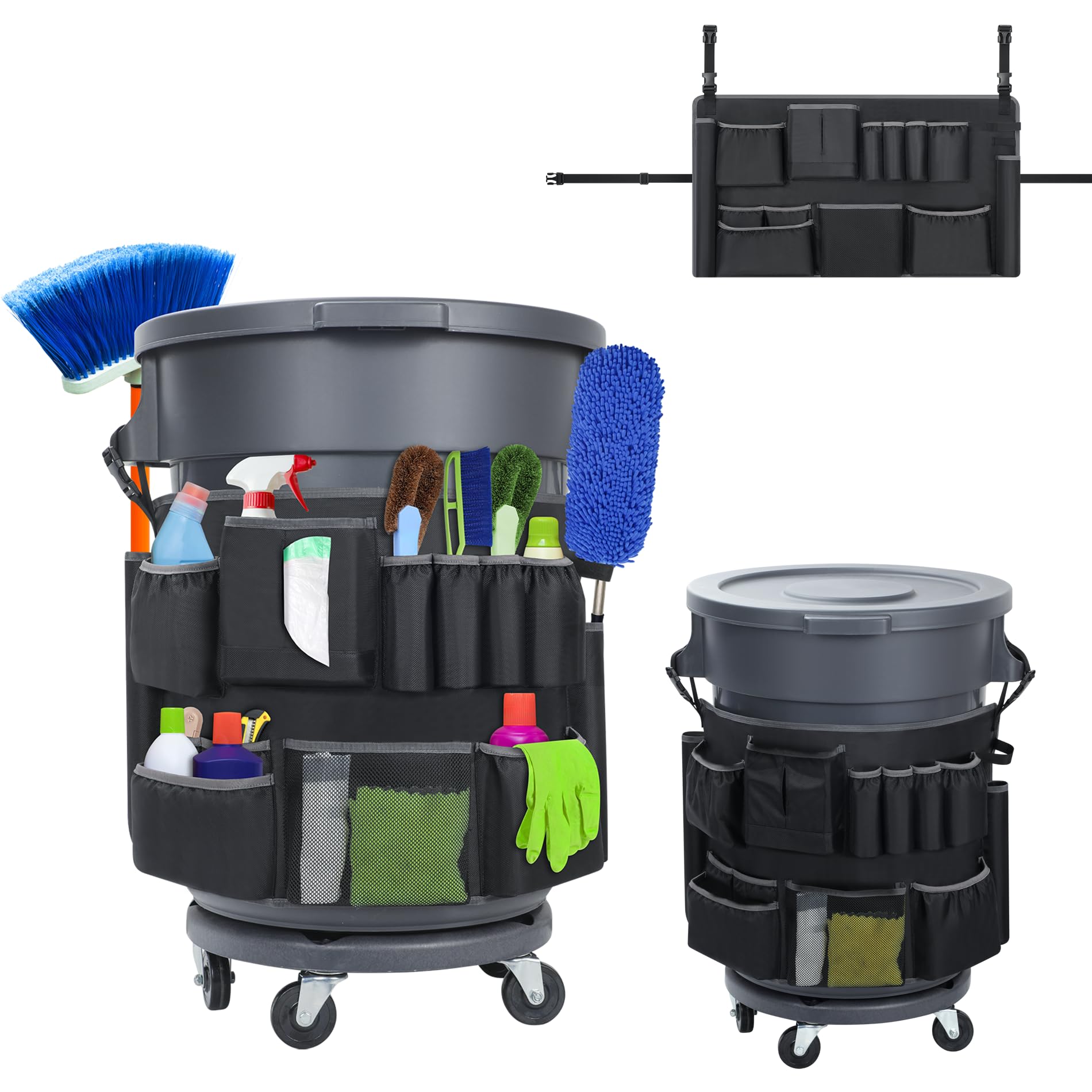 Trash Can Caddy Bags Fit 32-55 Gallon Garbage Bin, Garbage Bin Caddy Bag with 13 Pockets Compatible with Brute &amp; Uline, Commercial Cleaning Supplies Organizer Bag &amp; Janitorial Duties(1PCS)