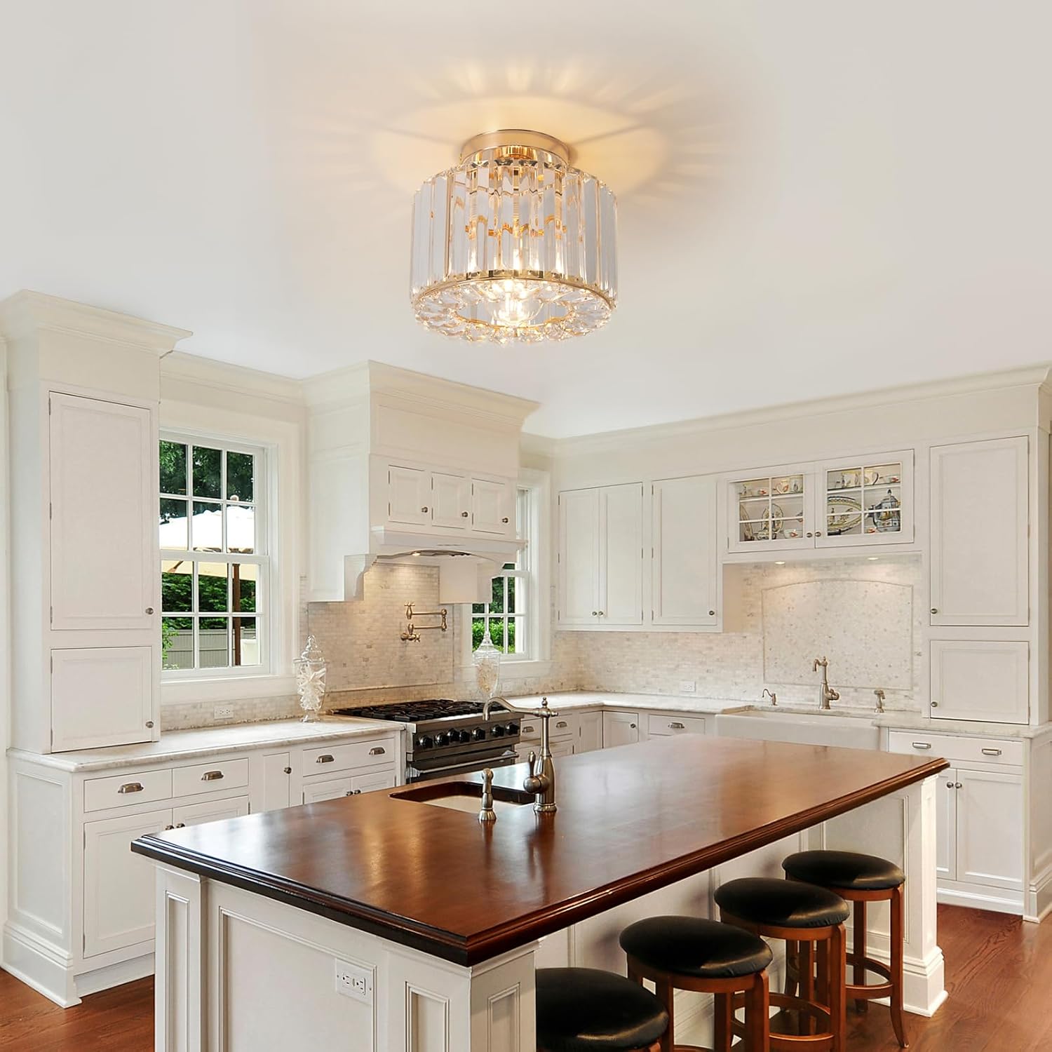 Crystal Ceiling Light, Semi Flush Mount Ceiling Light Gold Crystal Chandelier for Bedroom Kitchen Hallway Entrance Balcony Dining Rooms Living Rooms Bar