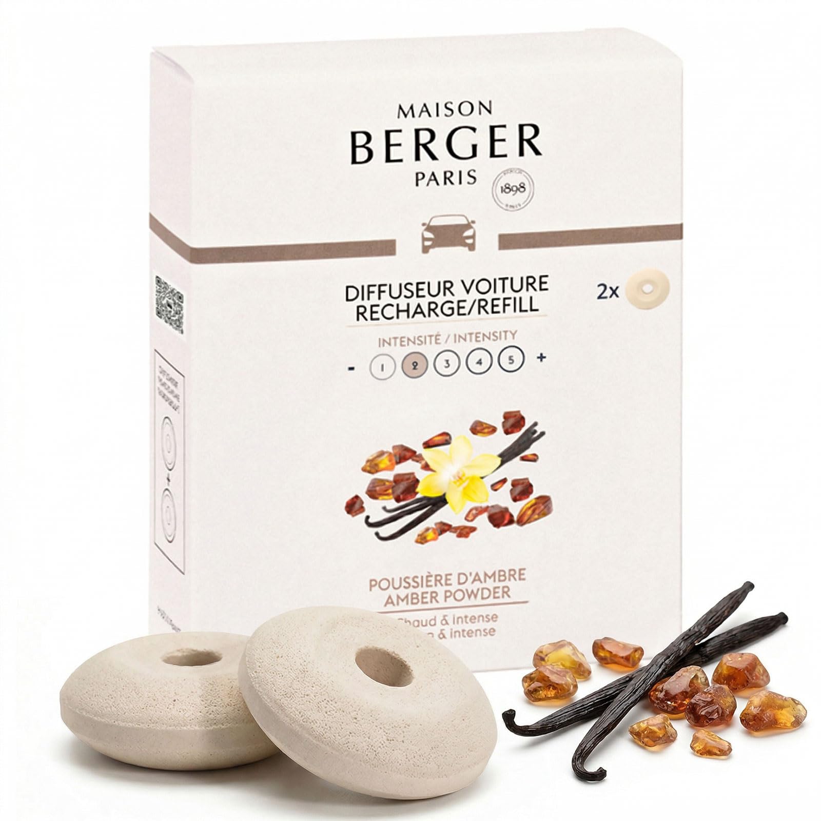 Maison Berger Luxury Car Diffuser Refill Set – Ceramic Inserts for Vent Clip Diffusers, 4-Week Passive Diffusion, Premium In-Car Fragrance Refill, Made in France (Amber Powder)