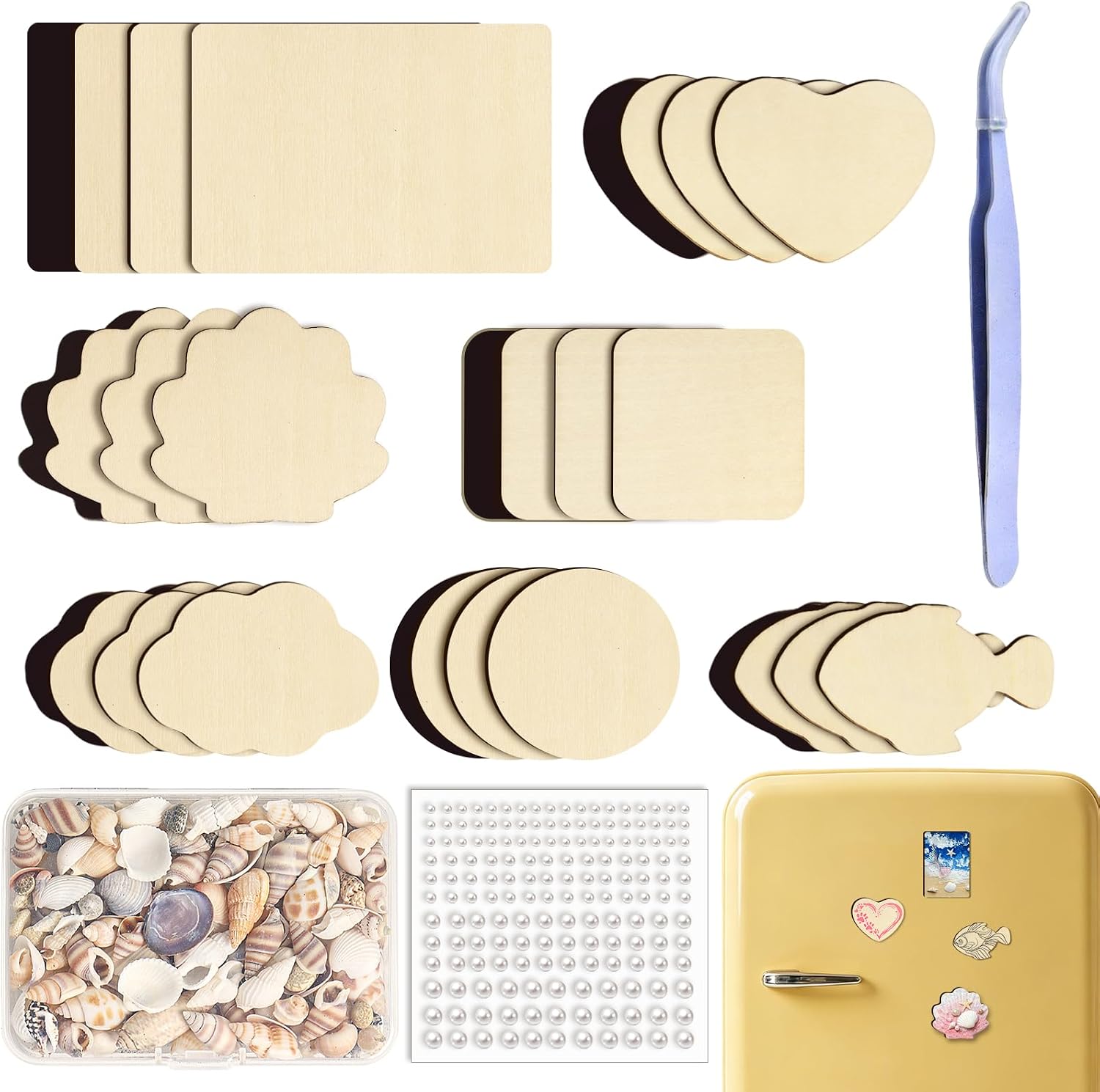 28 PCS DIY Fridge Magnet Kit|Wooden Magnetic Blanks for Painting for Oil,Watercolor,Acrylic Painting & DIY Crafts,7 Styles with Seashells for Kitchen Office Decorative