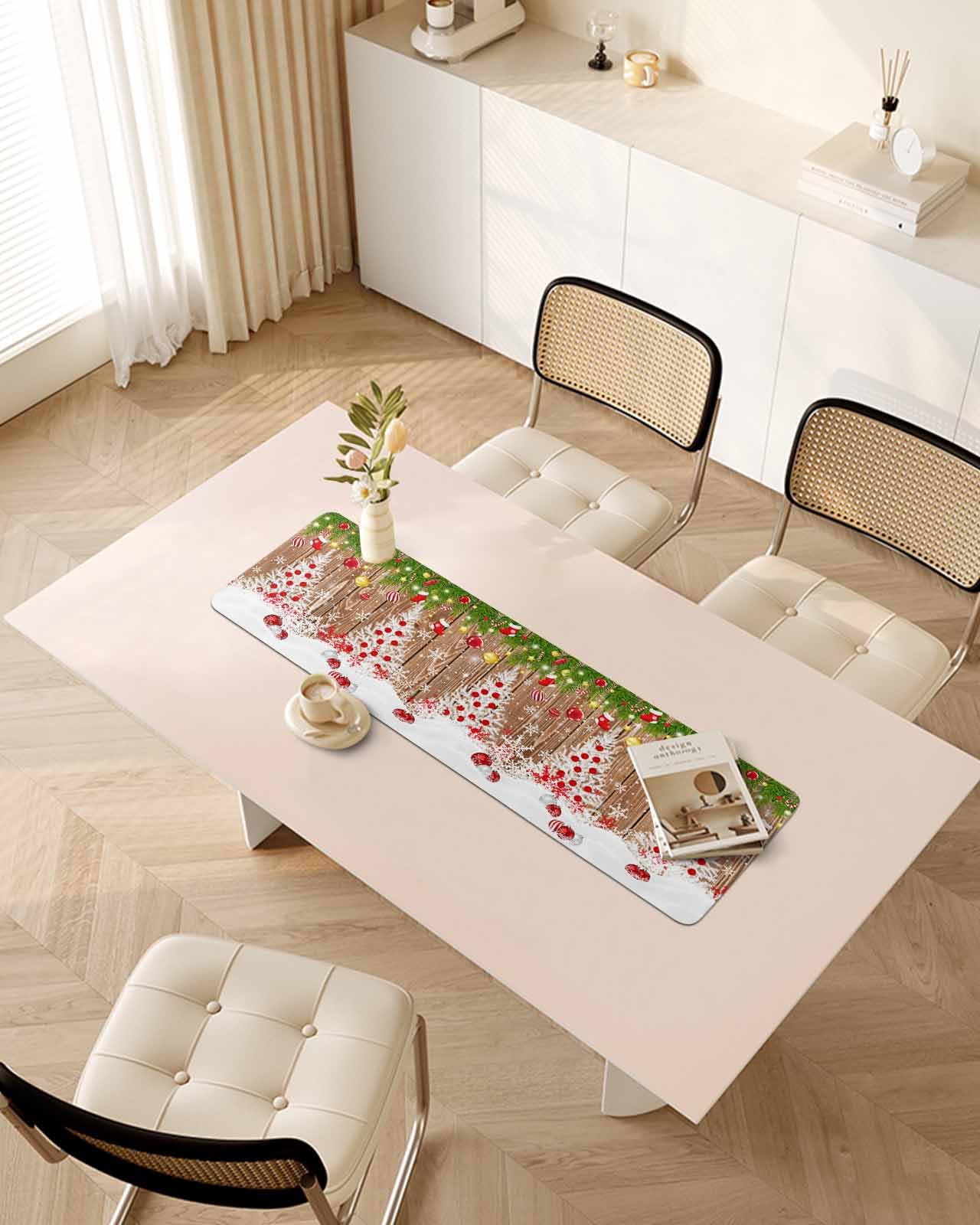 Debedcor Heat Proof Table Pads Waterproof Decorative, Wooden Christmas Trees Non-Slip Table Countertop Protector, Xmas Pine Snowflake Red Ball Insulation Mat for Dining Room, 48 x 12 Inches