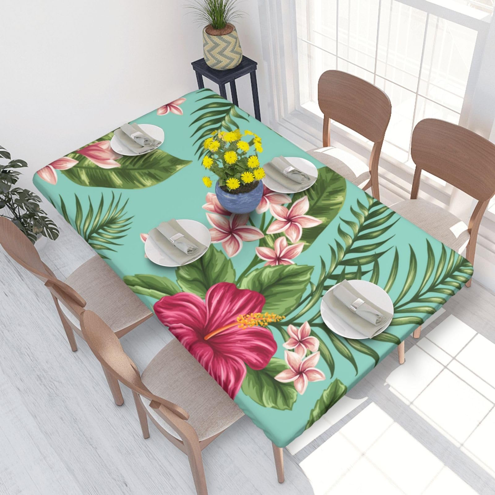 BNVSADC Hawaiian Tropical Leaves Flowers Printed 4FT Tablecloth 122x76 CM Polyester Kitchen Water Resistant Table Cloth Dining Table Decoration Table Covers