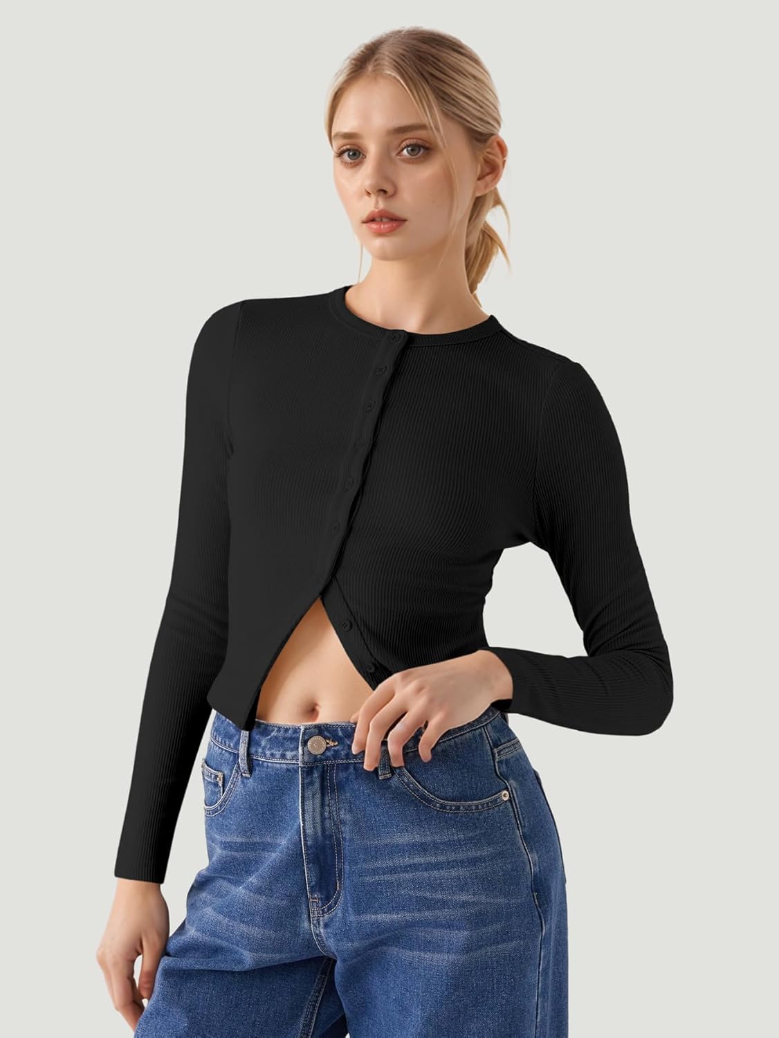 Ribbed Button Down Cardigan for Women, Long Sleeve Button Up Fall Knit Going Out Cropped Tops - Image 2