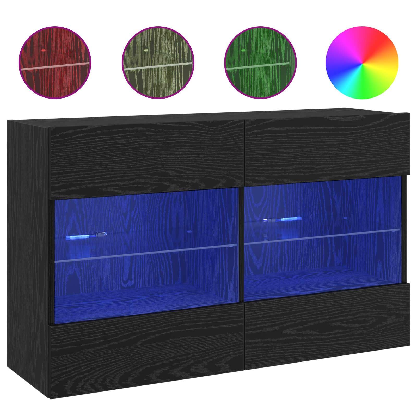 Szafka ścienna pod telewizor, czarna, imitacja dębu, wykonana z materiału drewnopochodnego, 98,5 x 30 x 60,5 cm, z oświetleniem LED i montażem na ścianie, do salonu, kącika do gier i