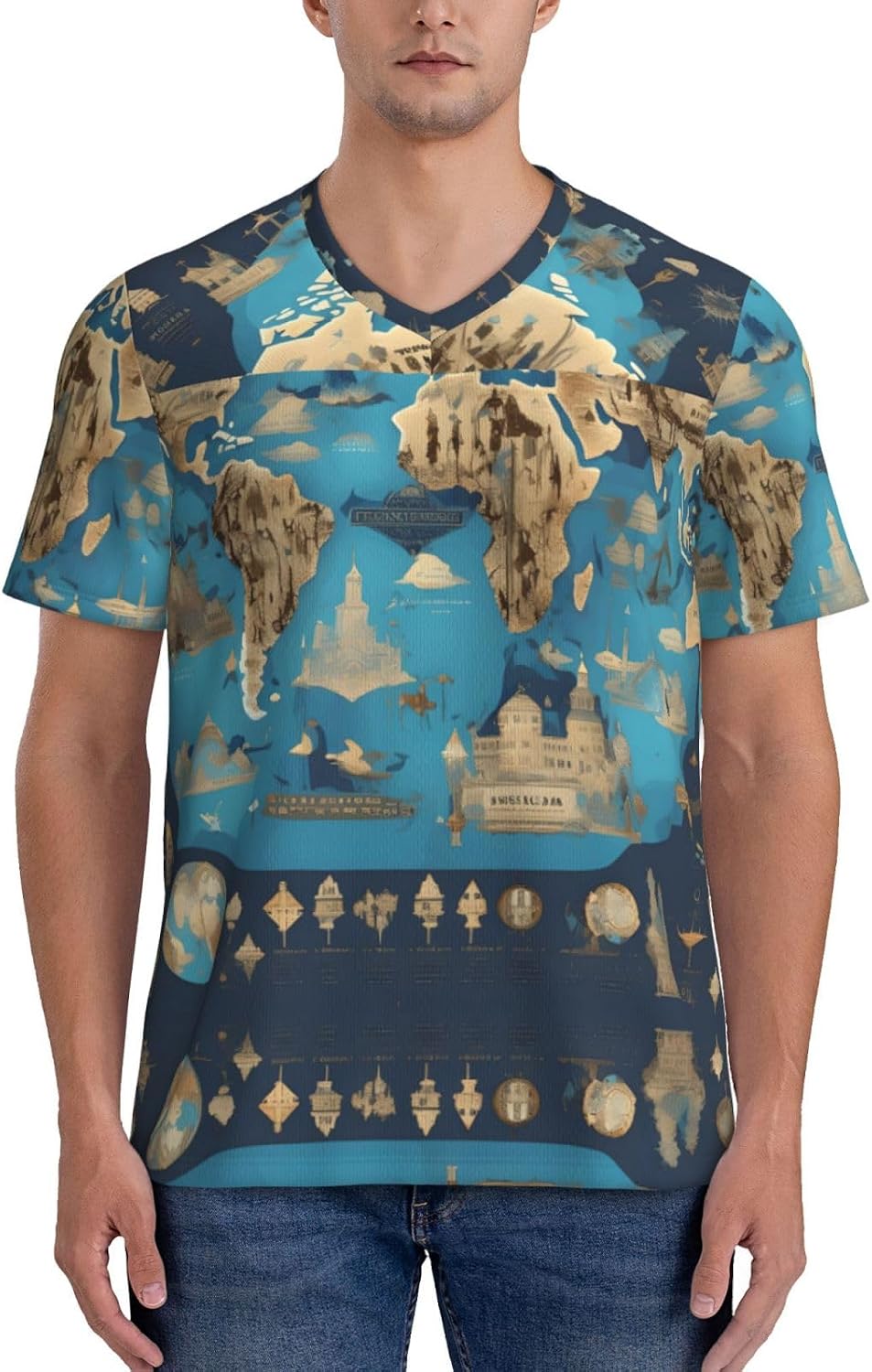 World Geography Map Rugby Football Jersey for Men, Comfortable V-Neck Loose Fit Top for Team Sports Athletics