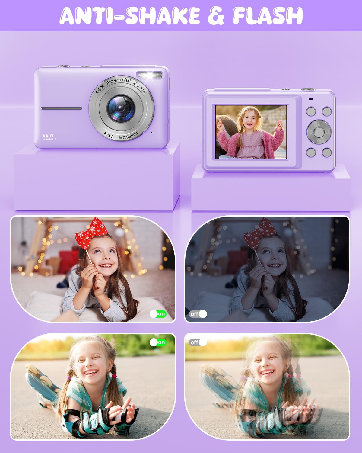 Macchina Fotografica Digitale con Scheda 32GB, 1080P 44MP Fotocamera Digitale Compatta con Zoom Digitale 16X Flash e 2 Batterie, Macchina Fotografica per Bambini, Adulti, Principianti (Viola)