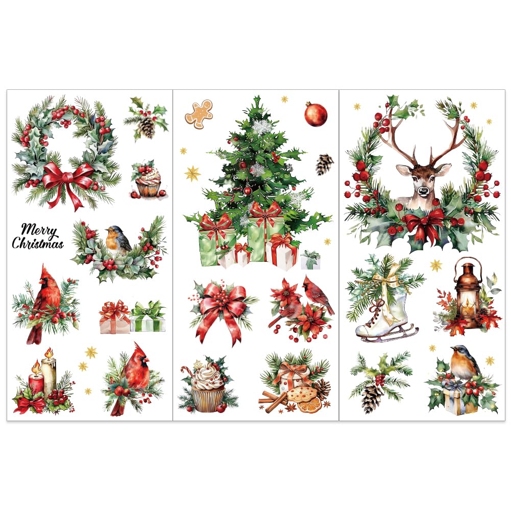 OLYCRAFT 3pcs/Set Christmas Day Rub on Transfers for Crafts and Furniture 15x30cm Cchristmas Tree Gifts Furniture Transfer Stickers Bow Elk Wall Decal for Wood Furniture Scrapbooking Home Decorations