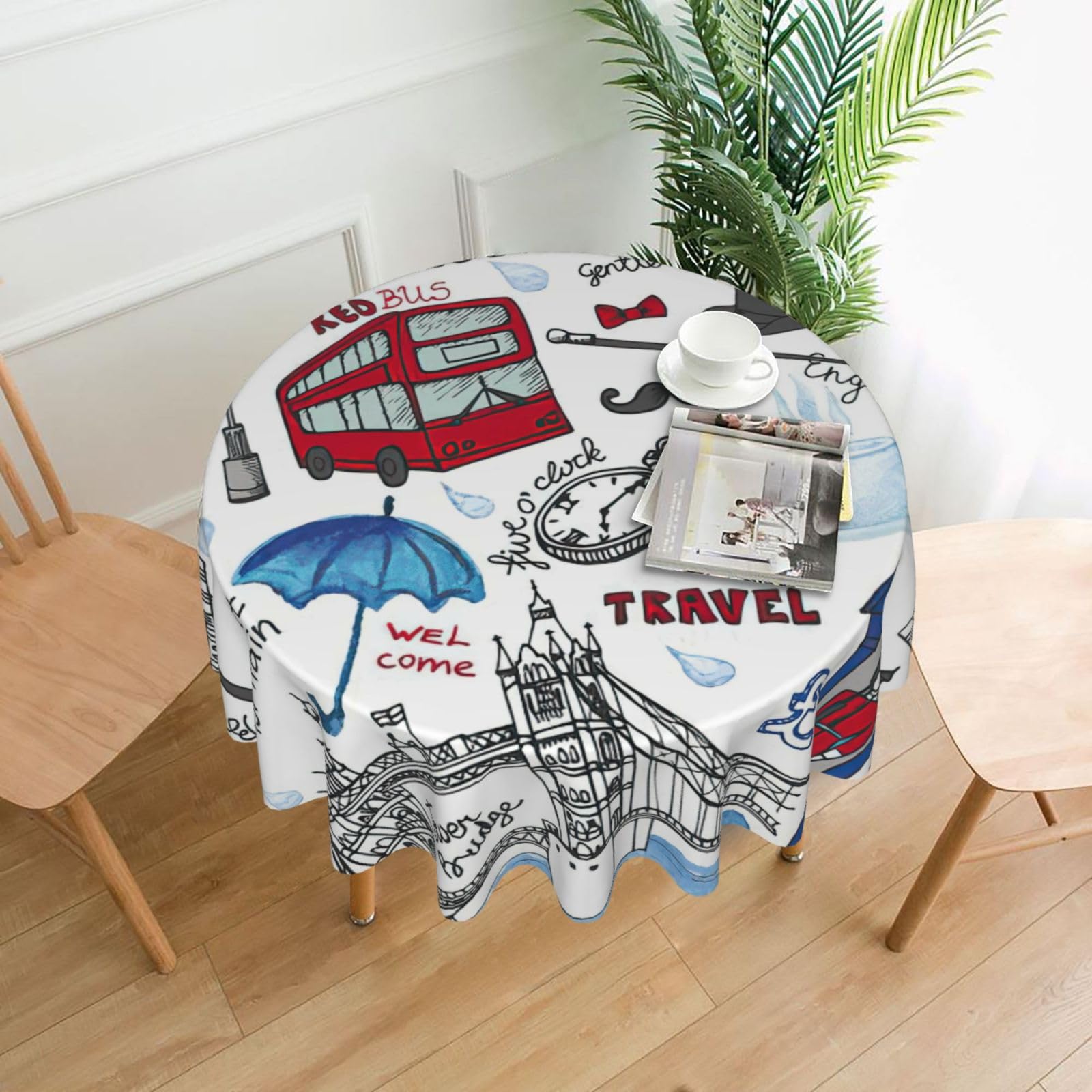 OKFSTY London Print Round Tablecloth 60in for Wedding Elegant Polyester Cover for Party Reception Festive Dinner
