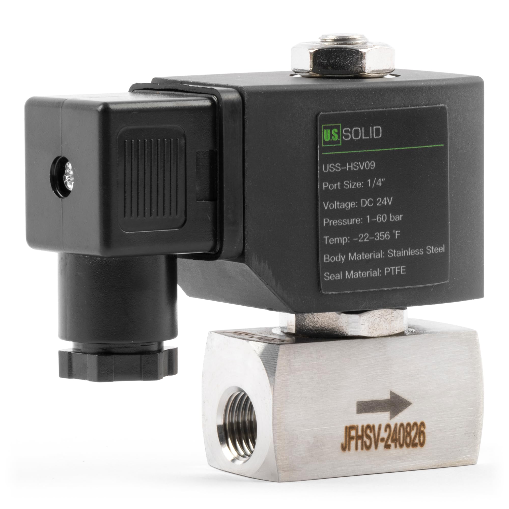 U.S. Solid Elettrovalvola alta pressione 1/4" in acciaio inox – 24 V DC, 60 bar, da -30°C a 180°C, resistente alta temperatura