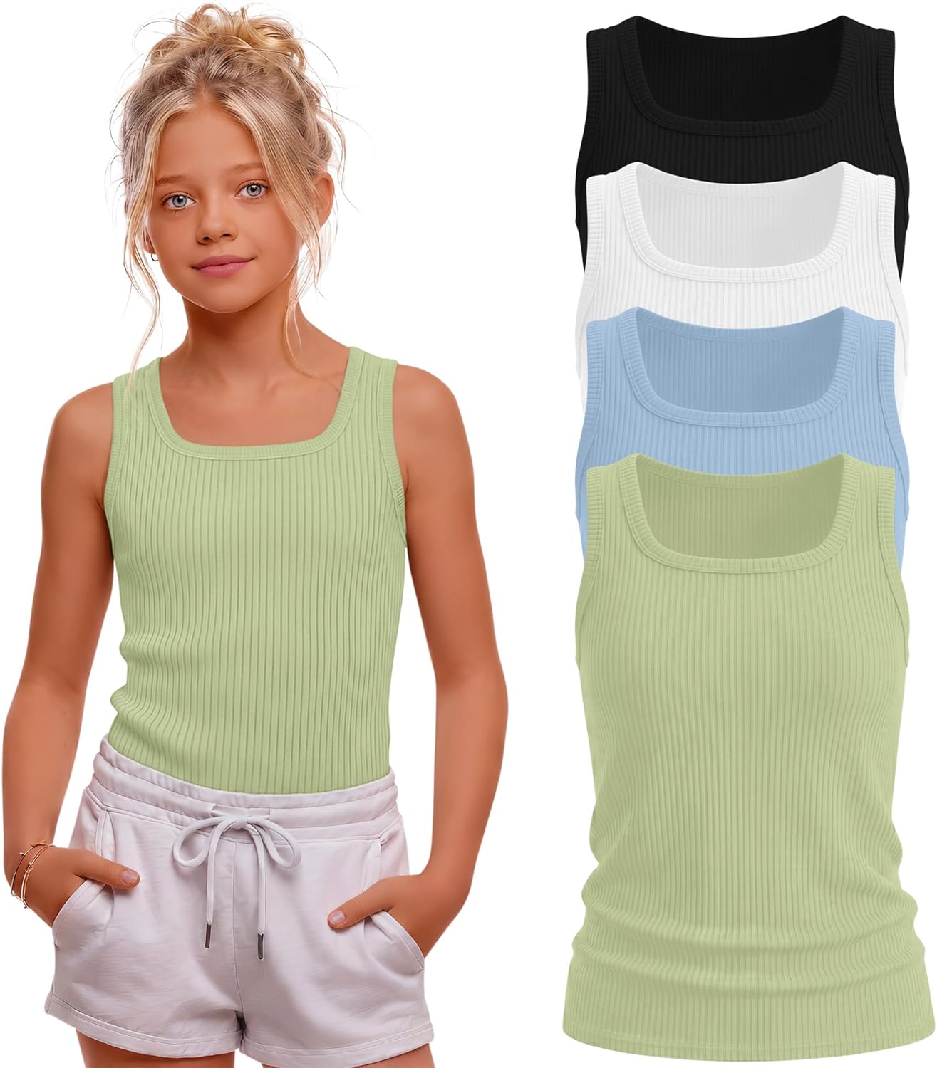 Oakgarden 4 Pack Girls Tank Tops Ribbed Knit Sleeveless Shirts 5-14 Years Square Neck Basic Stretch Undershirt Casual Tops