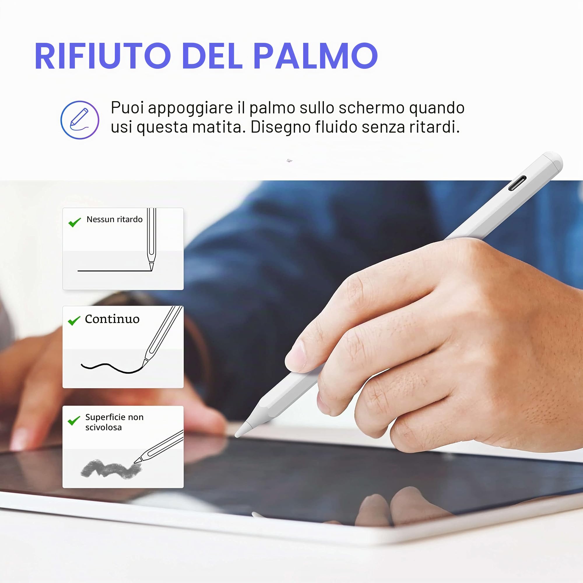 Penna Stilo per Apple iPad (2018-2024) con Sensibile all'inclinazione, Magnetica, Compatibile iPad 6/7/8/9/10/Pro/Air/Mini