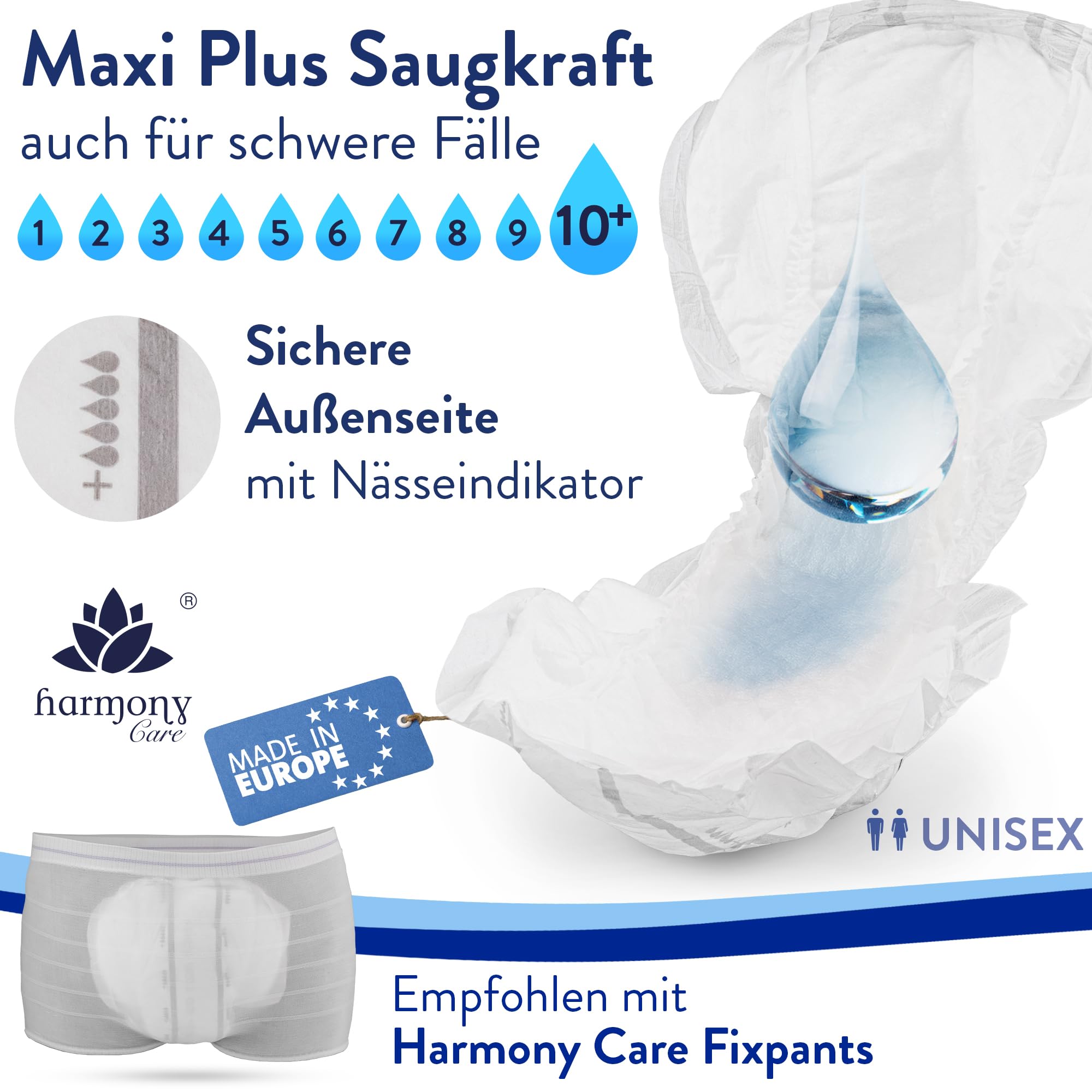 Harmony Care® Premium Form MAXI NIGHT - saugstarke Inkontinenzvorlagen bei starker Inkontinenz - große Windeln für Erwachsene - auslaufsichere Inkontinenzeinlagen Damen und Herren - 4 x 20 Stück