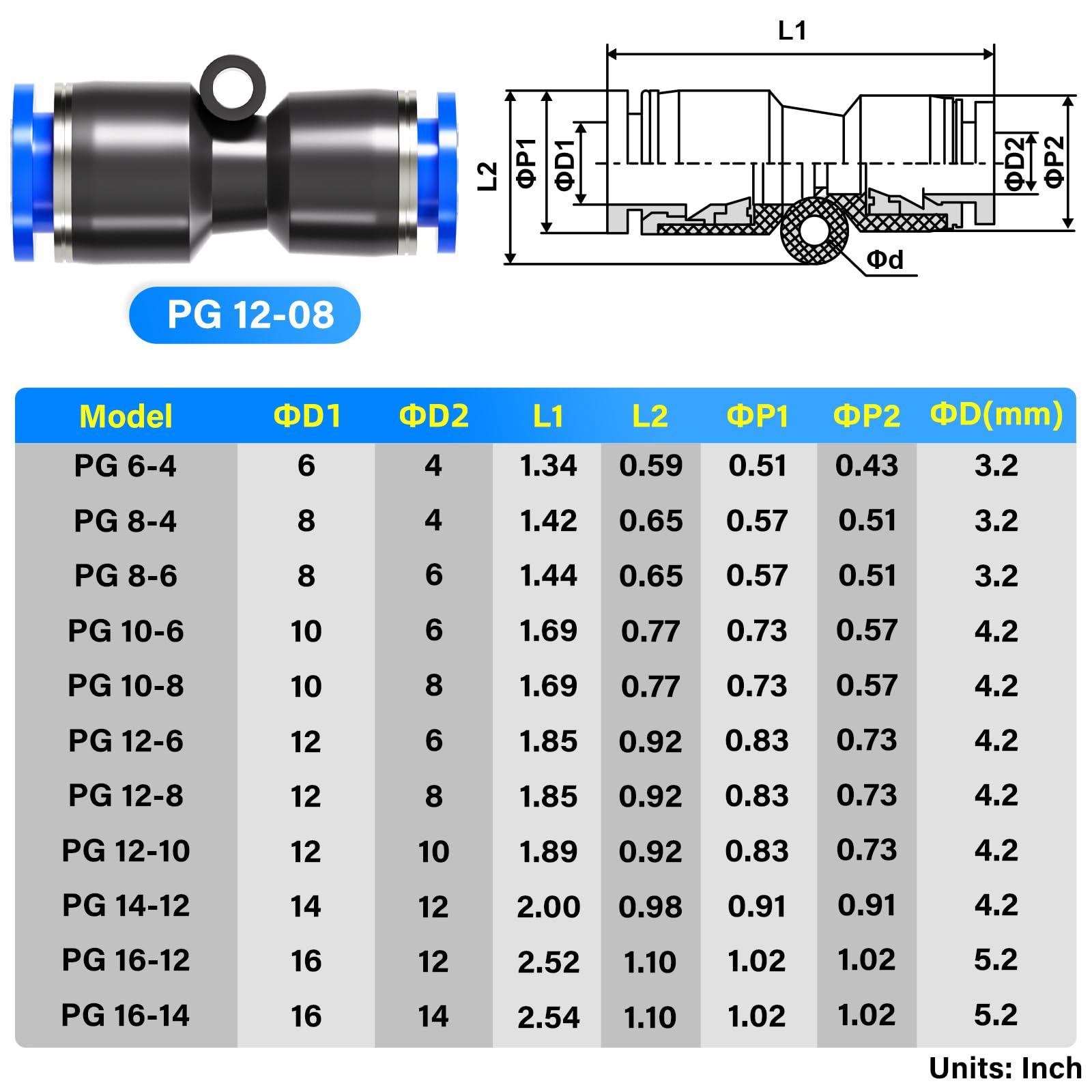 TAILONZ PNEUMATIC Elleboog 8mm Buis OD Push to Connect Buis Fittings Push Lock PV8 (Pack van 2
